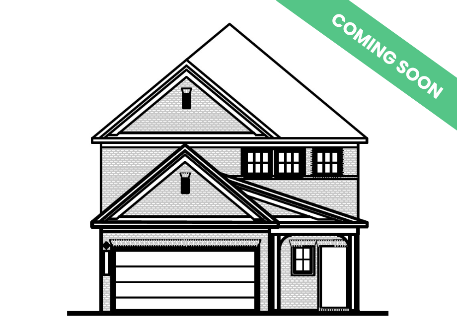 Two-story exterior elevation of The Pinecrest H featuring a brick and shingle facade and a two-car garage.