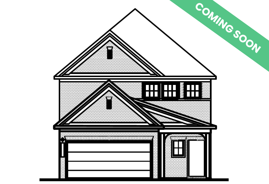 Two-story exterior elevation of The Pinecrest H featuring a brick and shingle facade and a two-car garage.