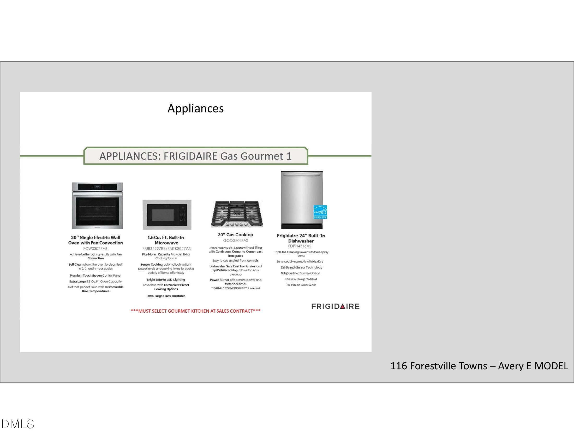 Frigidaire Gas Gourmet kitchen appliances: 30" wall oven, built-in microwave, gas cooktop, dishwasher in Avery model, Knightdale, NC