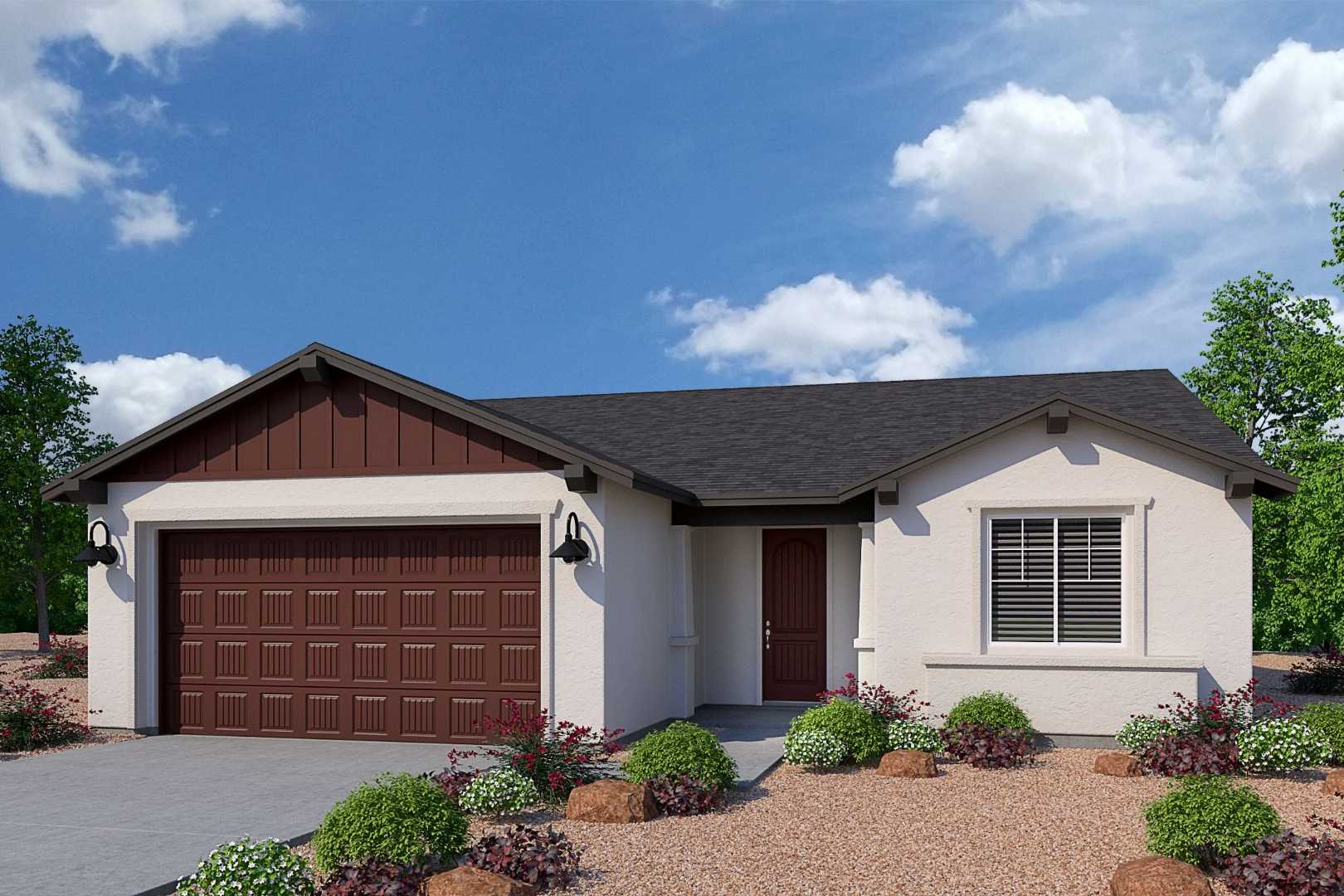 The Sheridan II single-story home elevation by Davidson Homes in Prescott AZ, beige stucco with brown garage and desert landscaping