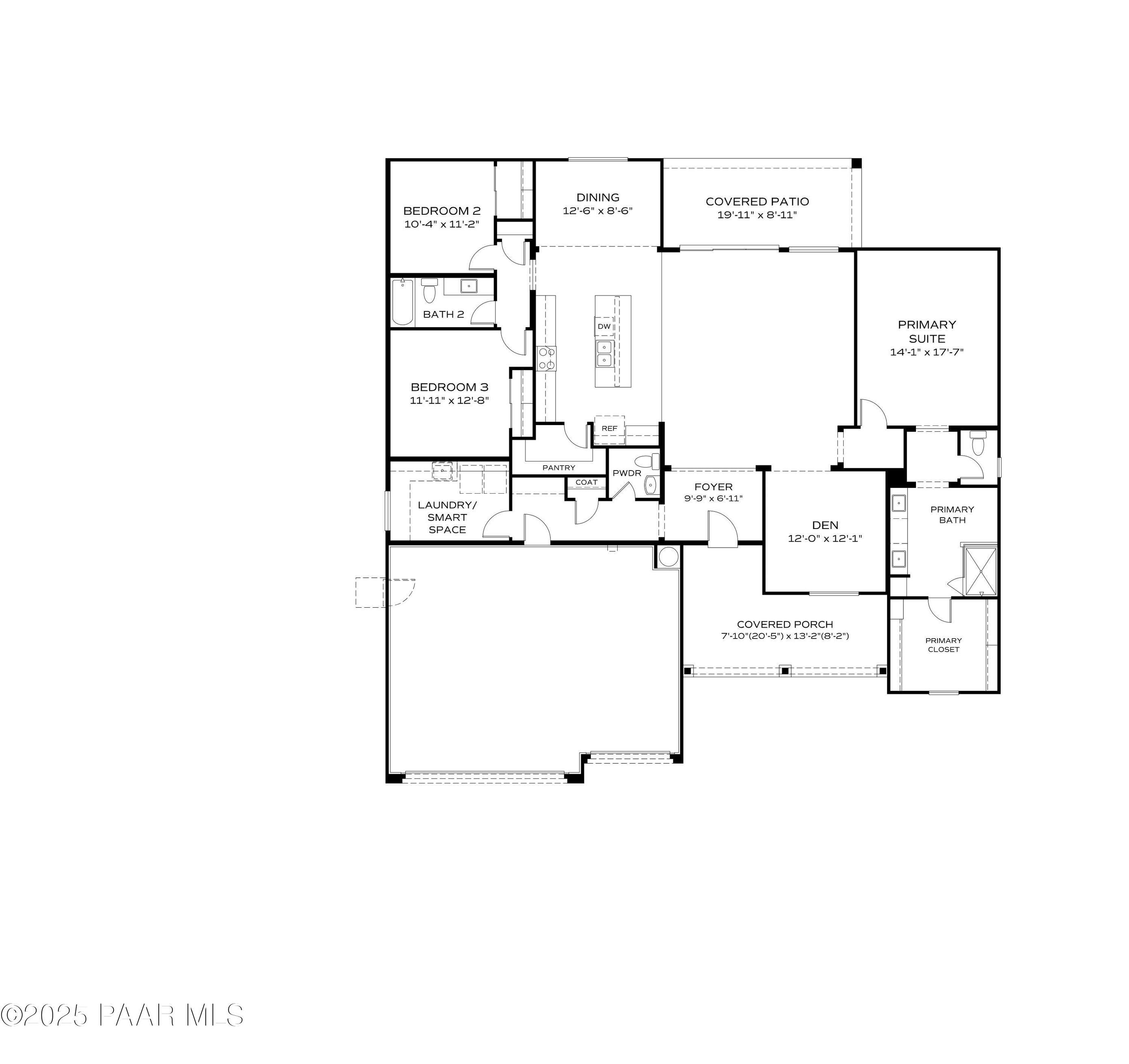 Detailed floor plan of The Monarch A: 3-bed, 2.5-bath, 2,346 sq ft 1-story home with 3-car garage in Westwood, Prescott, AZ