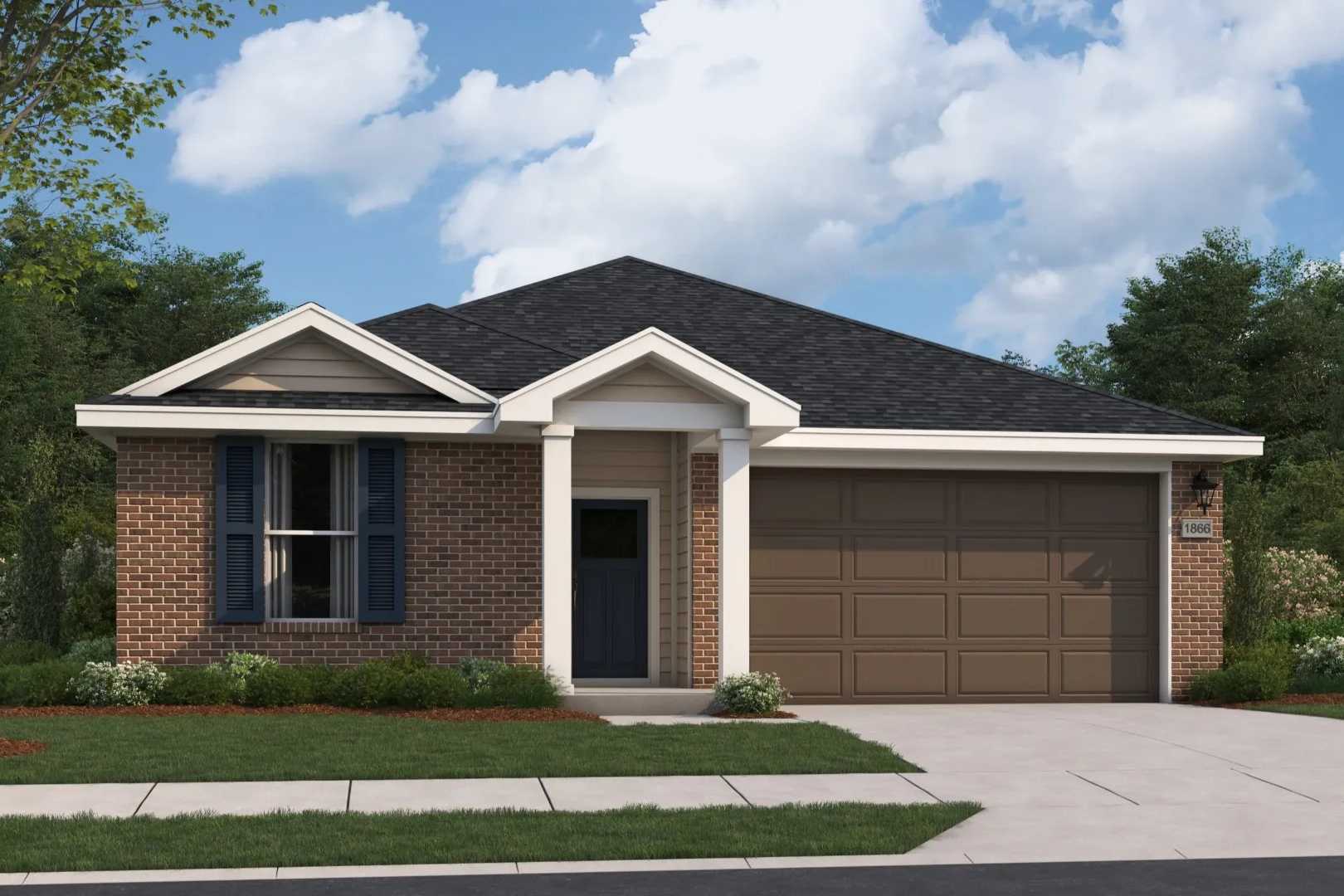 Brick exterior elevation of The Aurora A single-story home by Davidson Homes in Opelika, AL, featuring 2-car garage and front porch