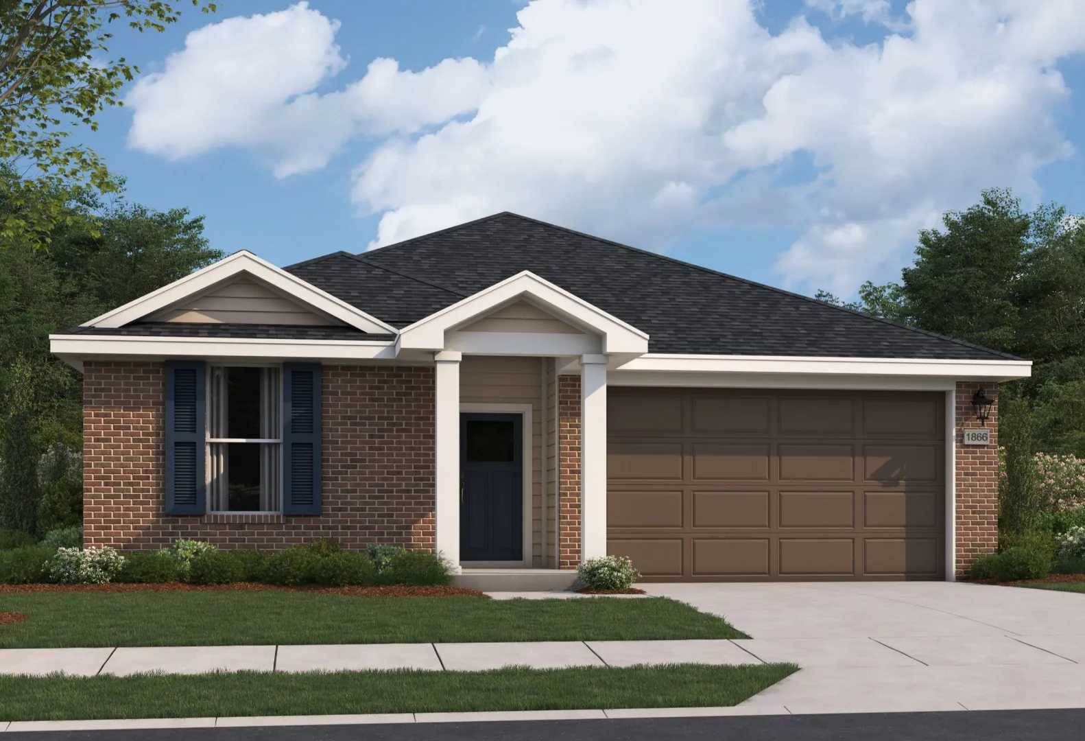 Brick exterior elevation of The Aurora A single-story home by Davidson Homes in Opelika, AL, featuring 2-car garage and front porch