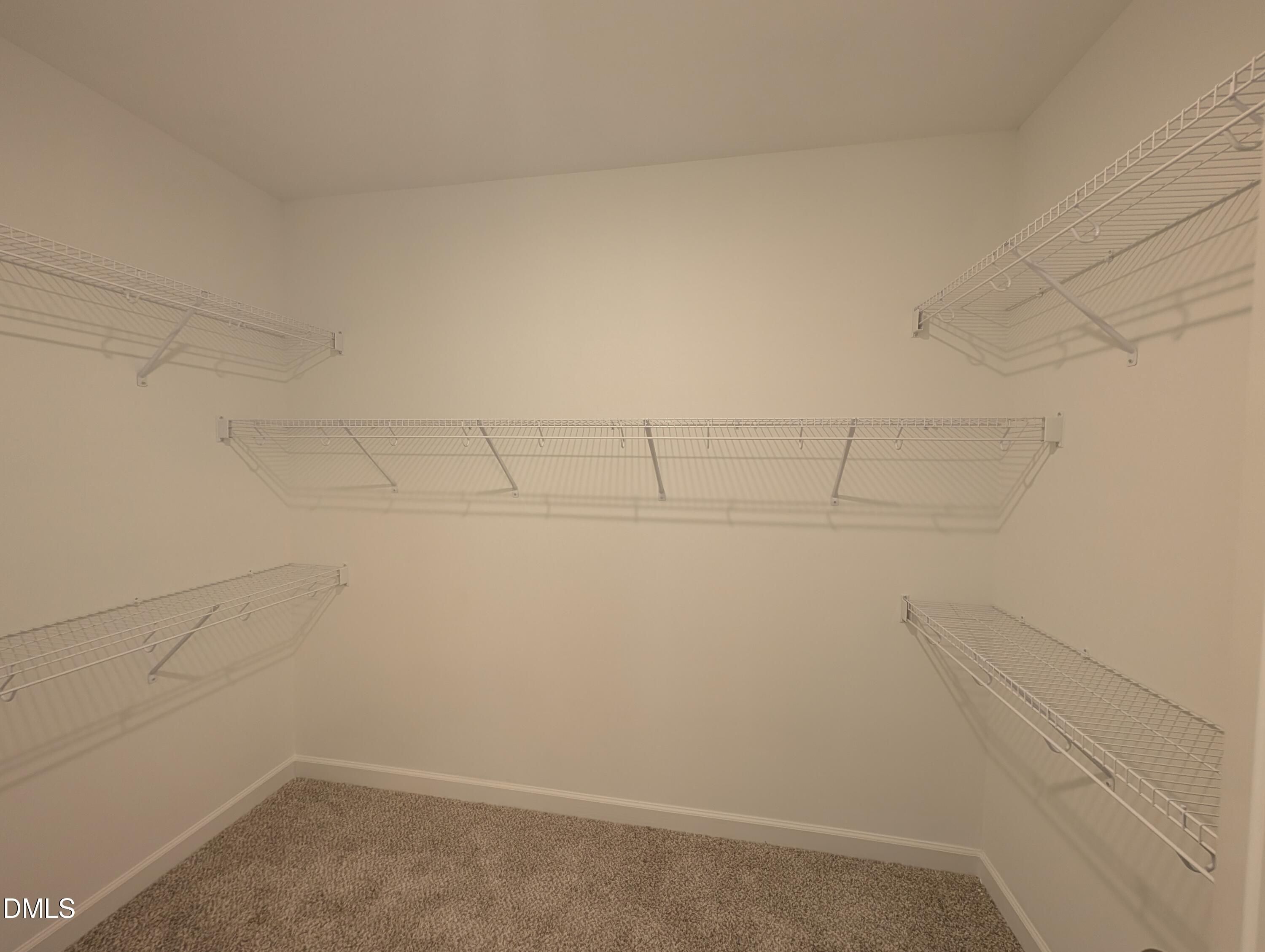 Spacious walk-in closet with white wire shelving and carpet flooring in The Magnolia A home by Davidson Homes, Wendell Ridge, NC