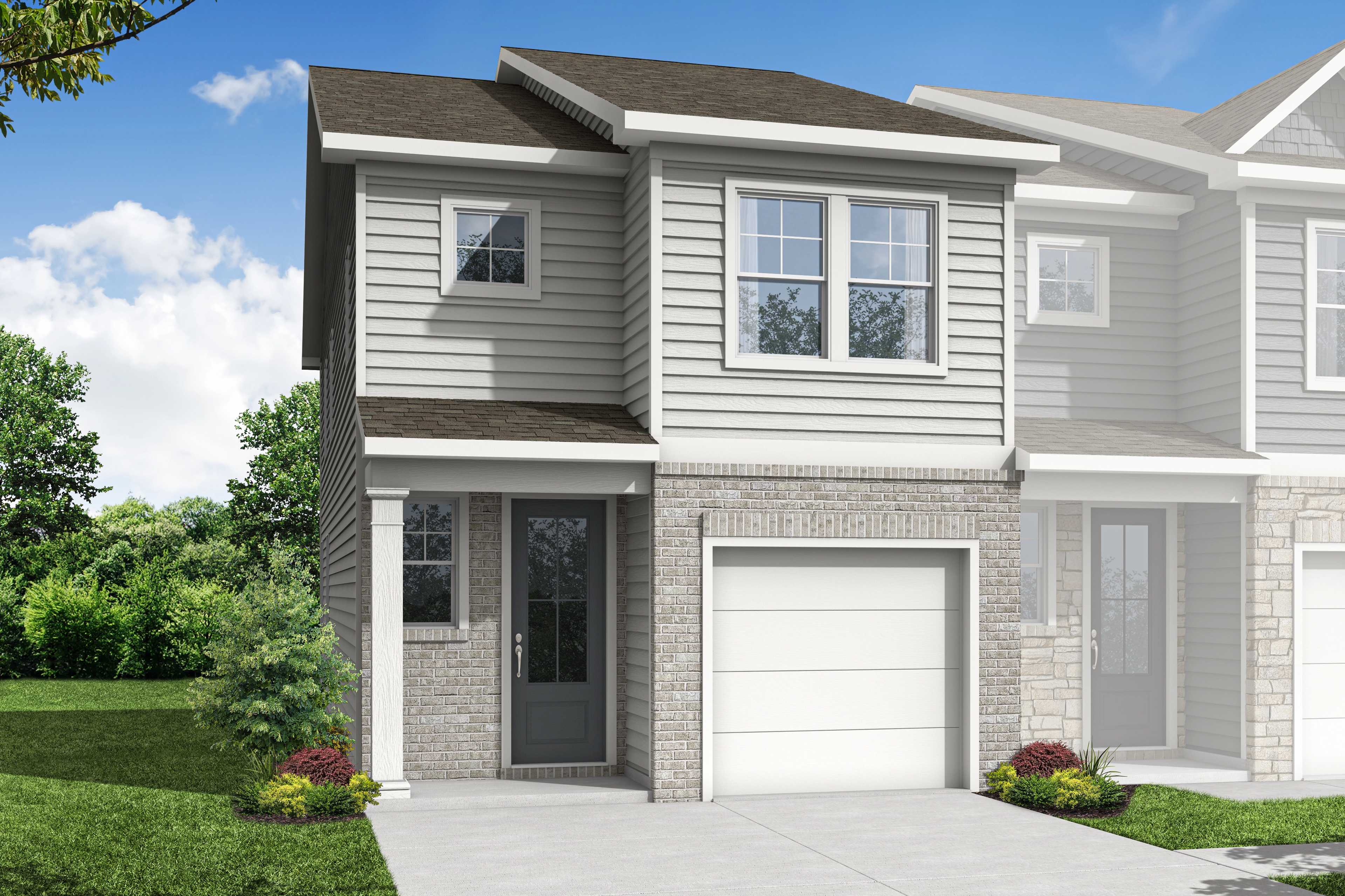 Two-story Durant A multi-family home elevation featuring gray siding, brick base, one-car garage, and landscaped front yard