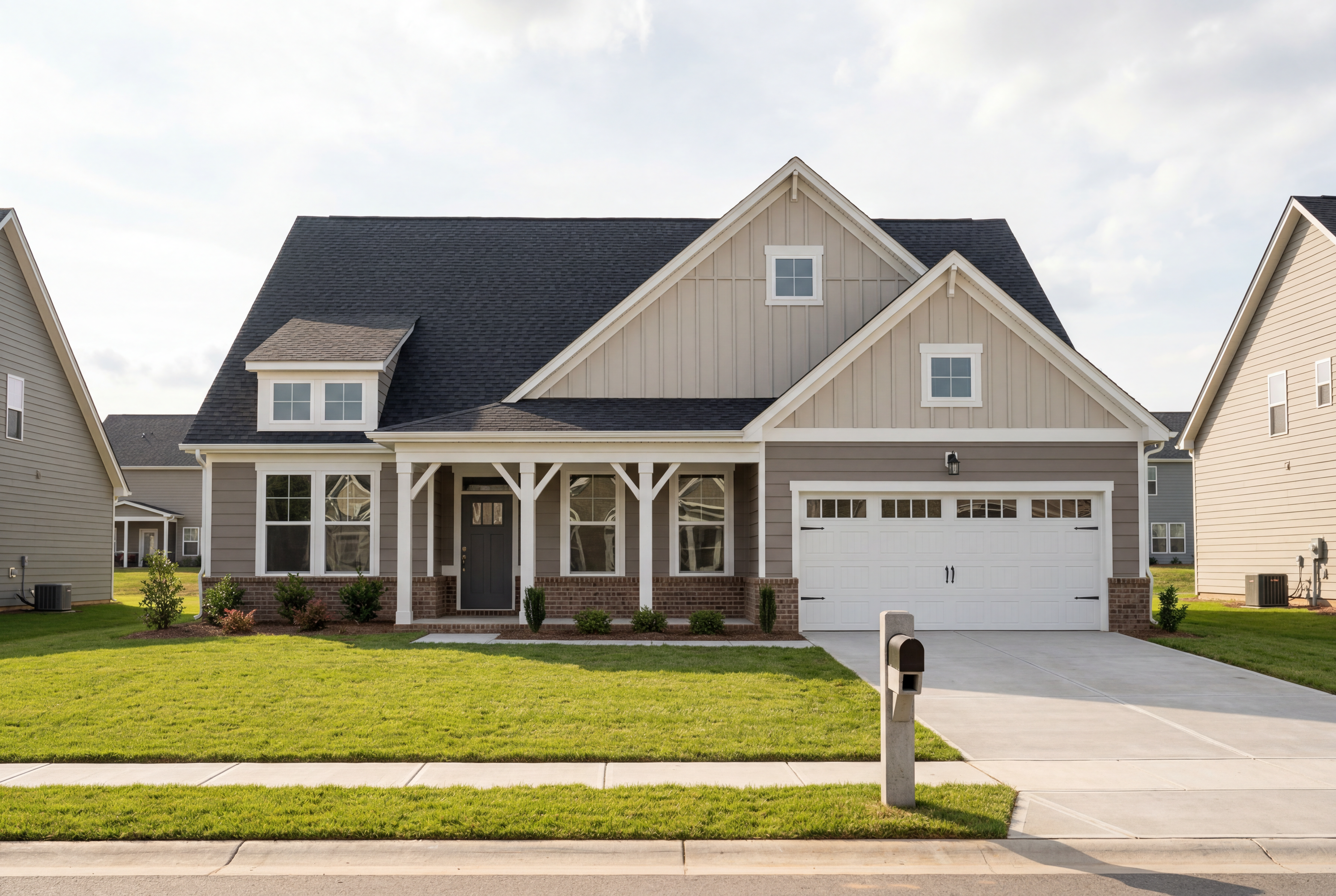 Modern The Magnolia A single-story home featuring brick and vinyl exterior, gabled roof, covered porch, and 2-car garage in Holly Springs NC