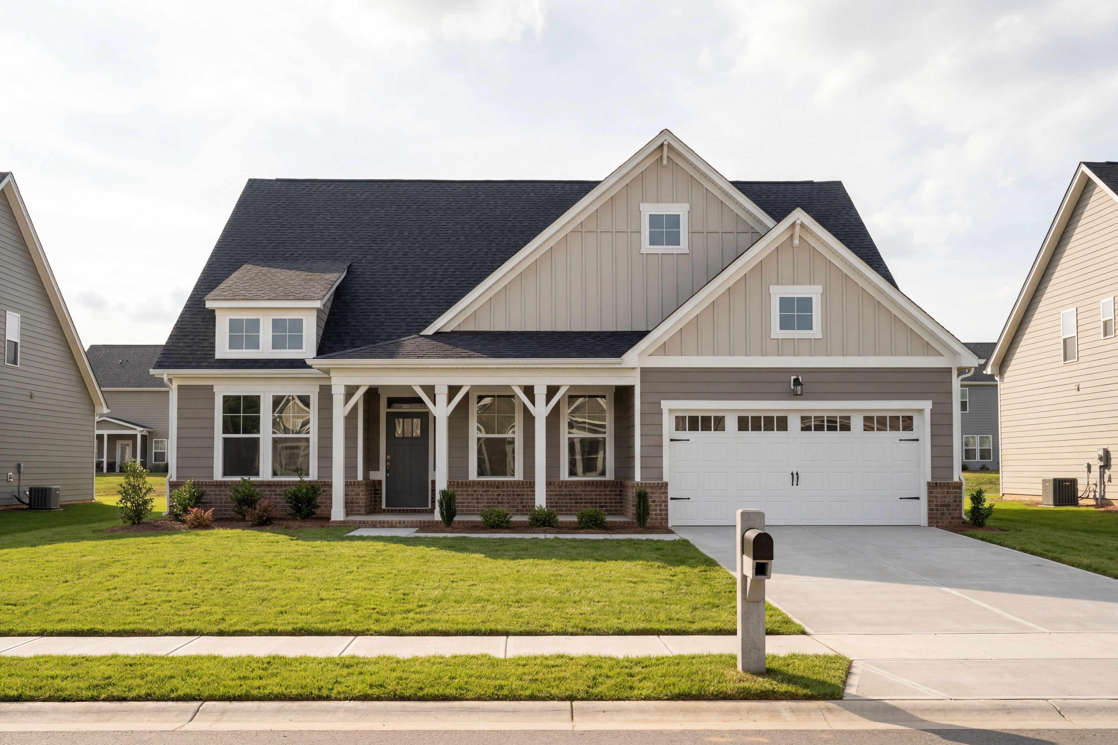 Modern The Magnolia A single-story home featuring brick and vinyl exterior, gabled roof, covered porch, and 2-car garage in Holly Springs NC