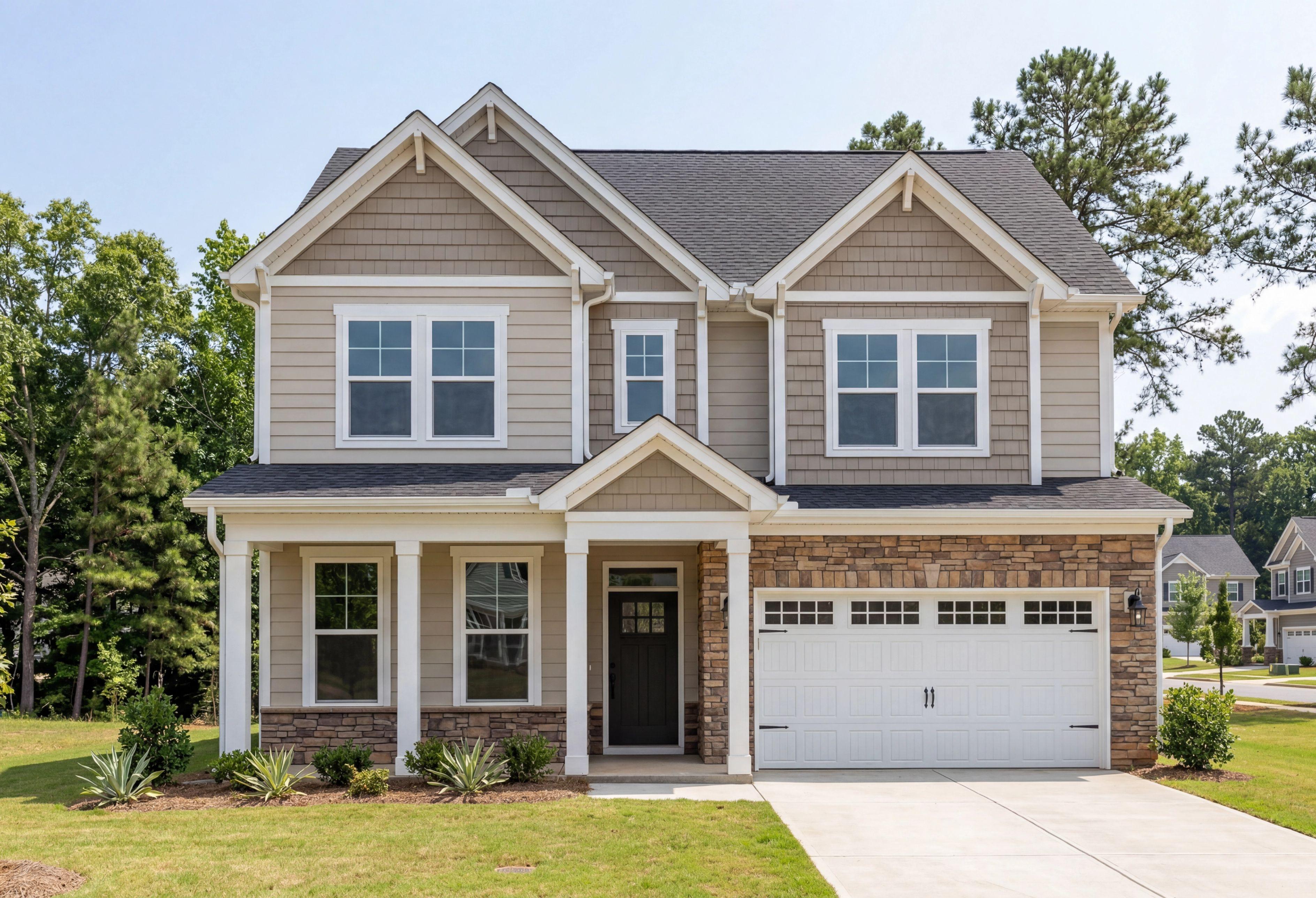 Two-story craftsman elevation of The Chestnut A showcasing beige siding, brick accents, covered porch, and two-car garage in Belmont NC