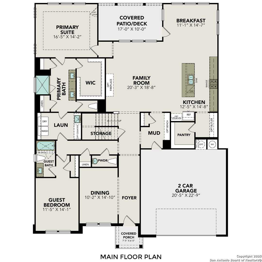 The Belmont G main floor plan: open family room, kitchen with island, primary suite, 2-car garage in Castroville, TX home