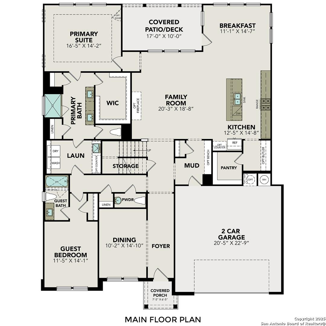 The Belmont G main floor plan: open family room, kitchen with island, primary suite, 2-car garage in Castroville, TX home
