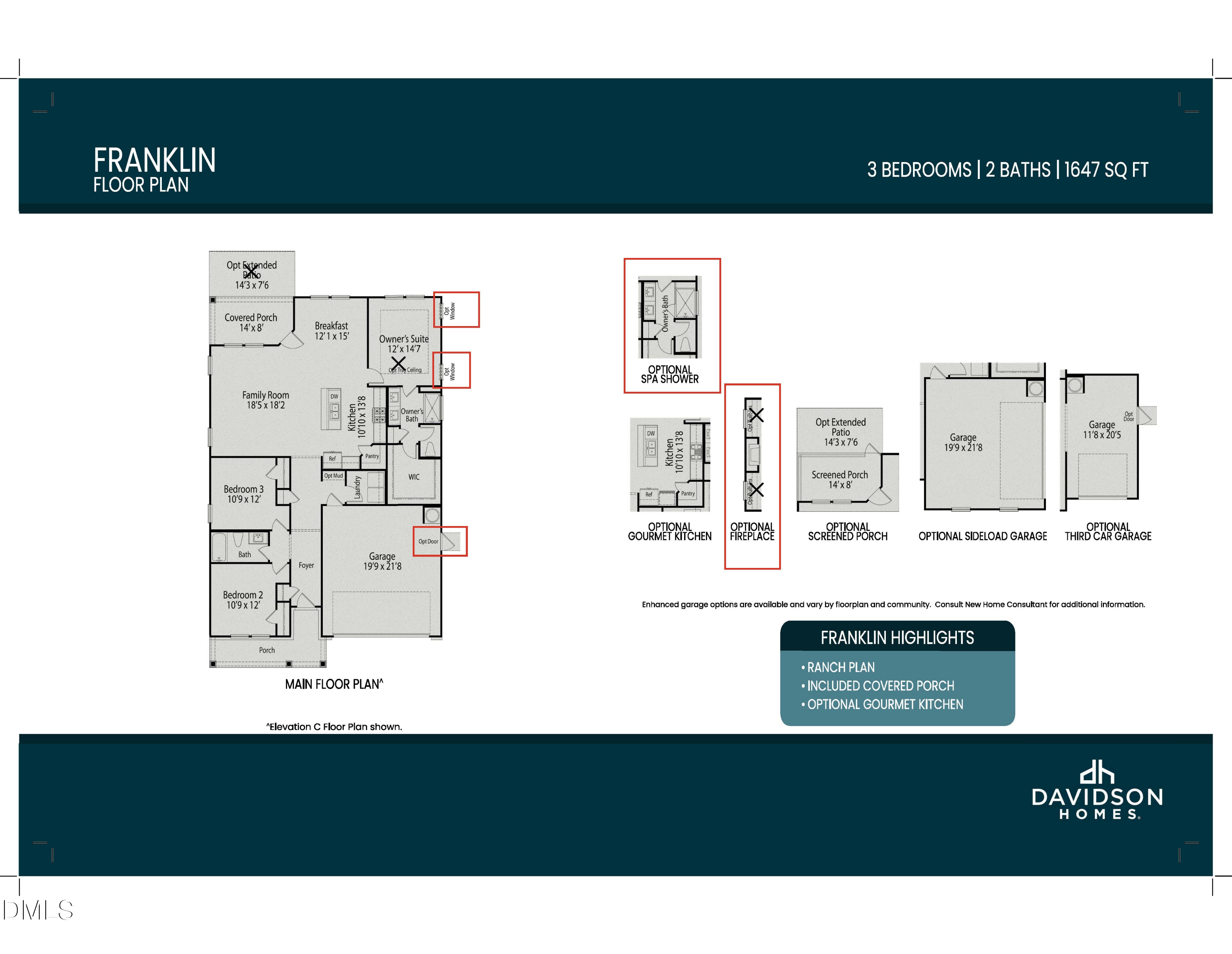 Franklin C floor plan by Davidson Homes: 3-bedroom, 2-bath, 1,647 sq ft ranch layout in Lillington, NC.