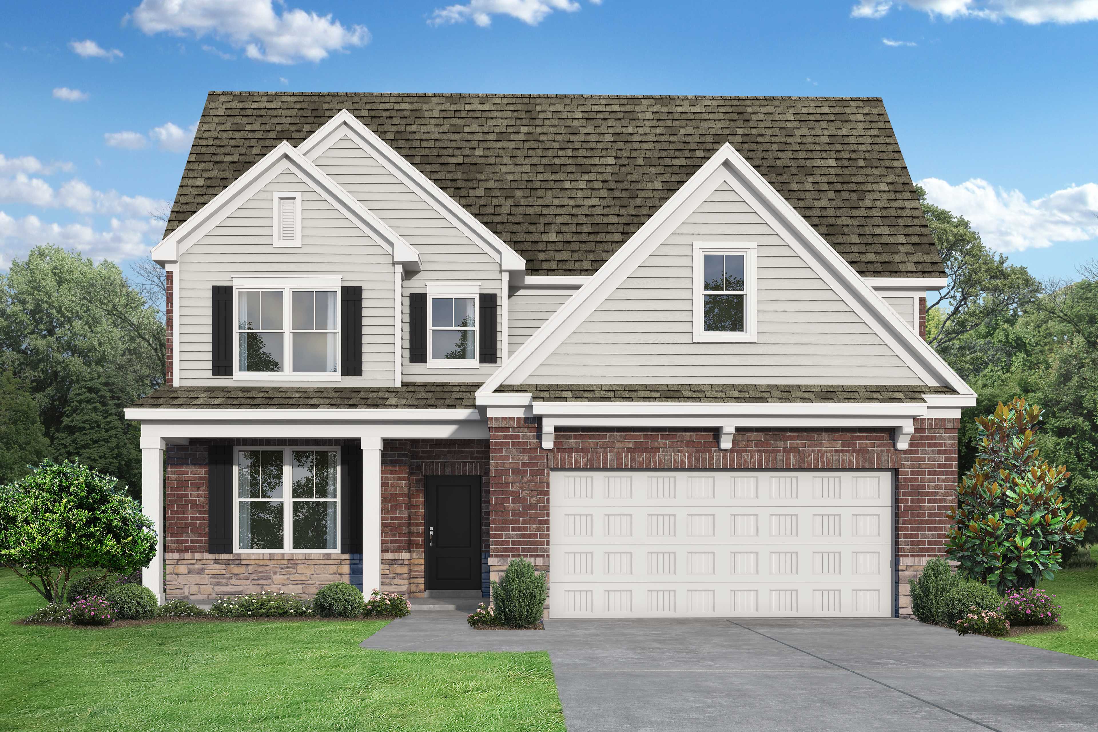 Two-story The Ash home exterior with beige siding, brick accents, covered porch, 2-car garage, and lush landscaping in Royse City