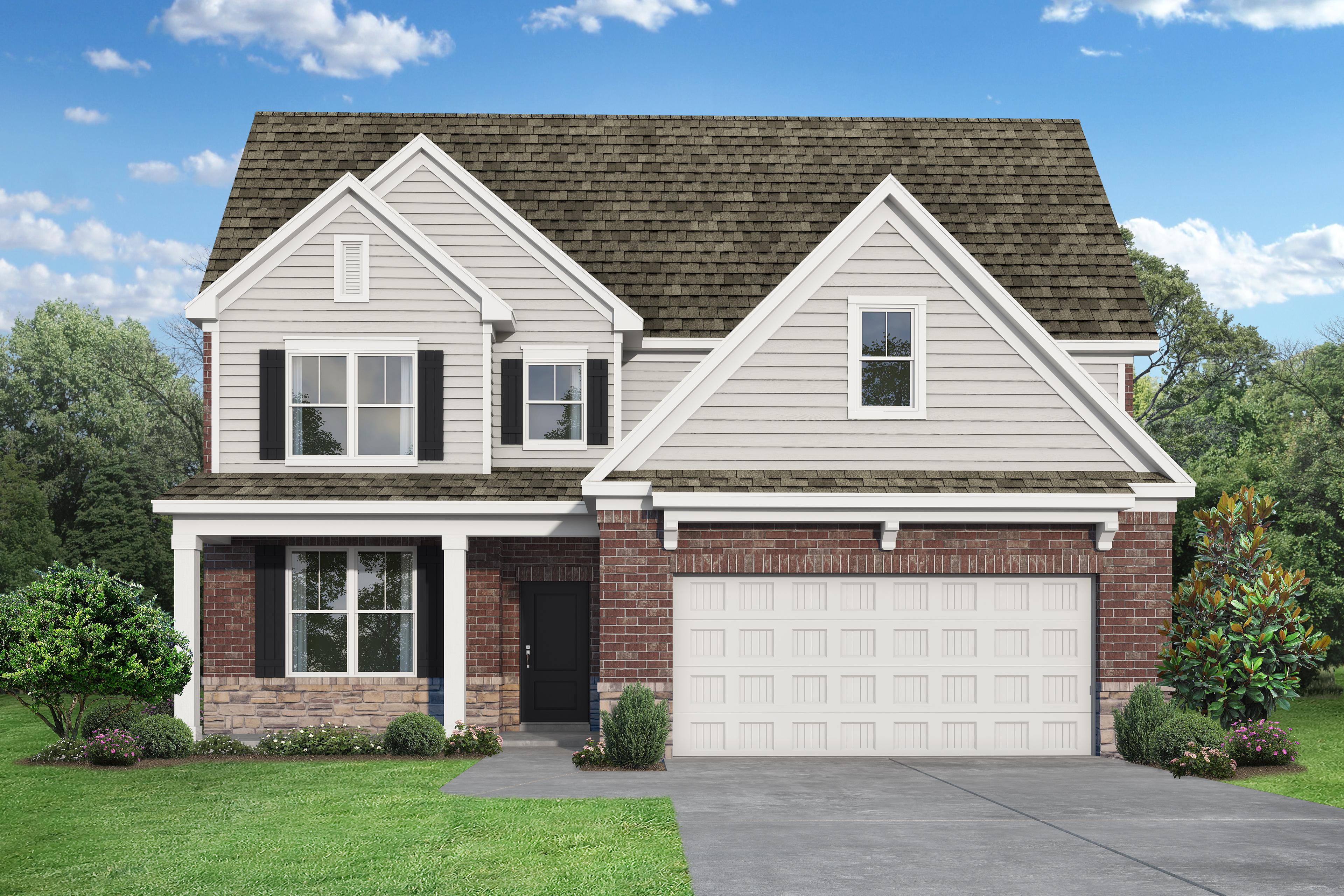 Two-story The Ash home exterior with beige siding, brick accents, covered porch, 2-car garage, and lush landscaping in Royse City