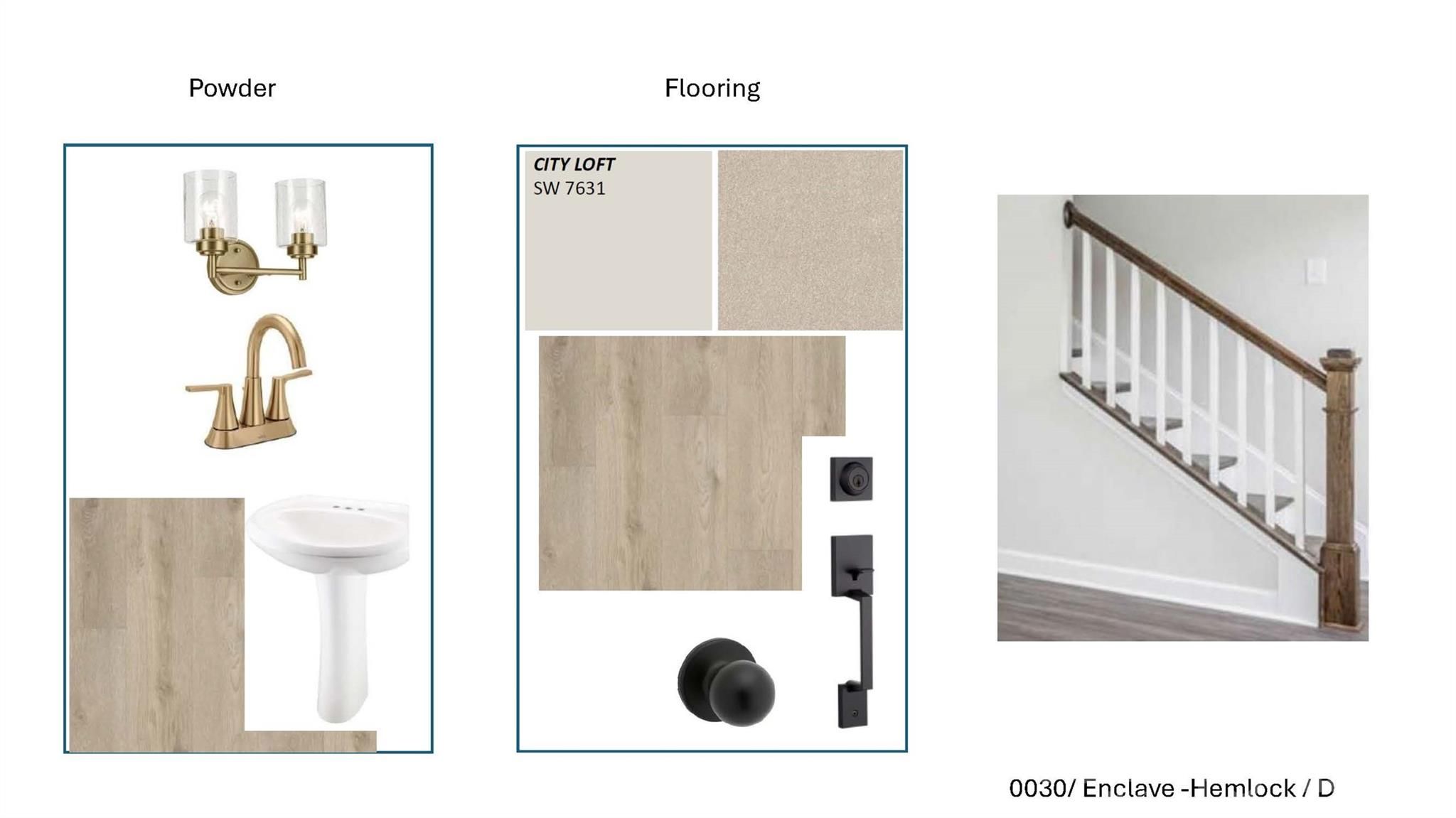 Design finishes for The Hemlock D floor plan in Enclave at Belmont, featuring City Loft paint, flooring, and bath fixtures.