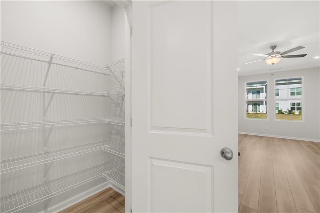 Walk-in pantry with wire shelving in The Monroe B floor plan at Stegall Village by Davidson Homes in Emerson, Georgia.