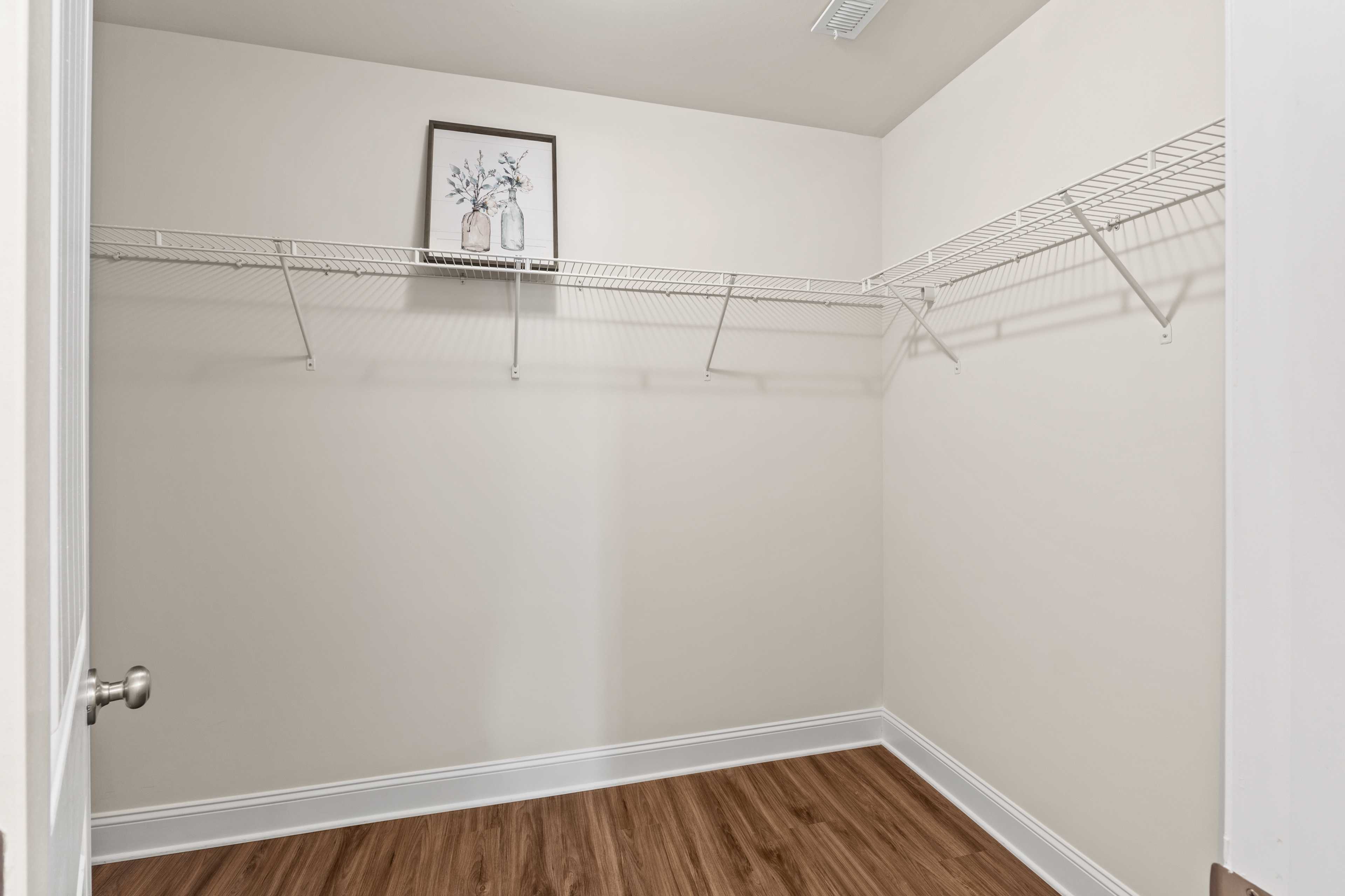 Spacious walk-in closet at Ramsay Cove in Owens Cross Roads Alabama with wire shelving and hardwood floors