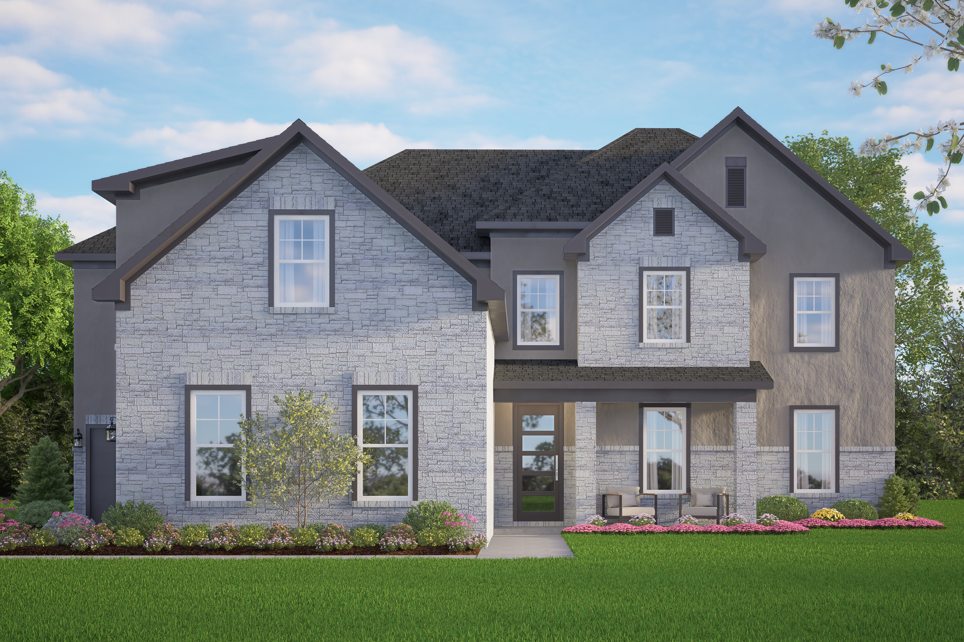 Contemporary two-story Ashford home elevation: gray brick facade, dark siding, 3-car garage, front porch, lush landscaping in Castroville