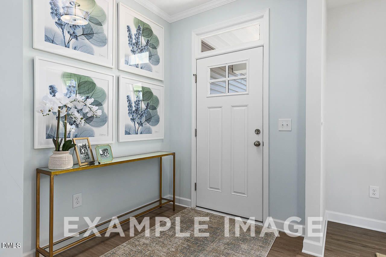 Bright foyer with glass-panel front door, gold console table, orchid, and botanical gallery wall in Davidson Homes The Ash C, Lillington NC