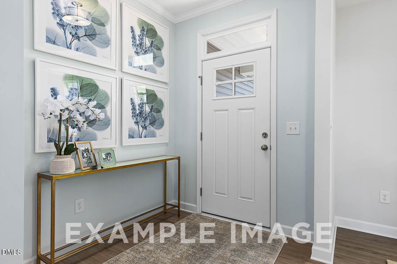Bright foyer with white glass-paneled front door, gold console table, orchid, and botanical gallery wall in Davidson Homes' The Ash C