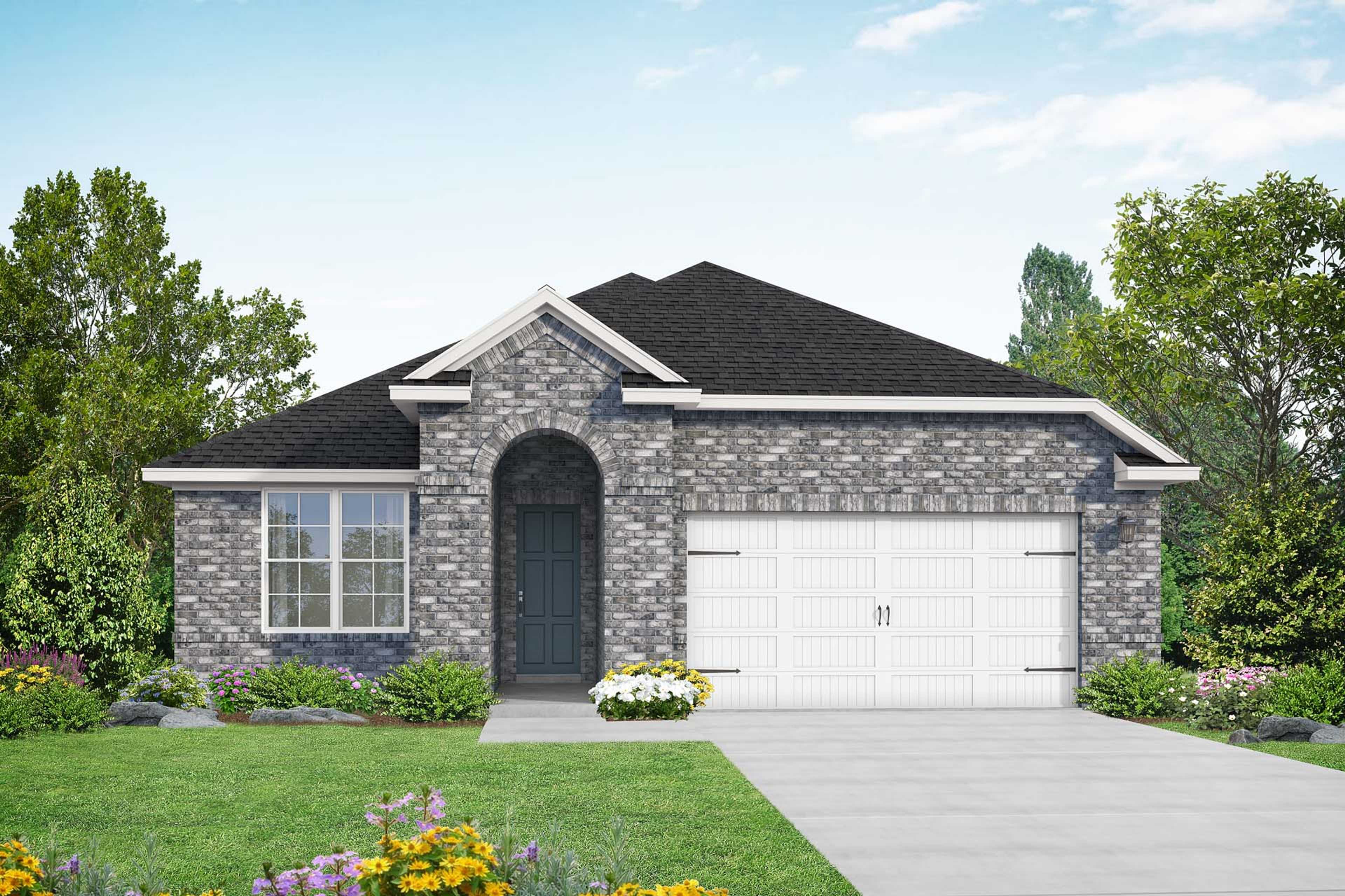 Stylish single-story brick elevation of The Acadia A by Davidson Homes featuring arched entry, 2-car garage, and lush landscaping