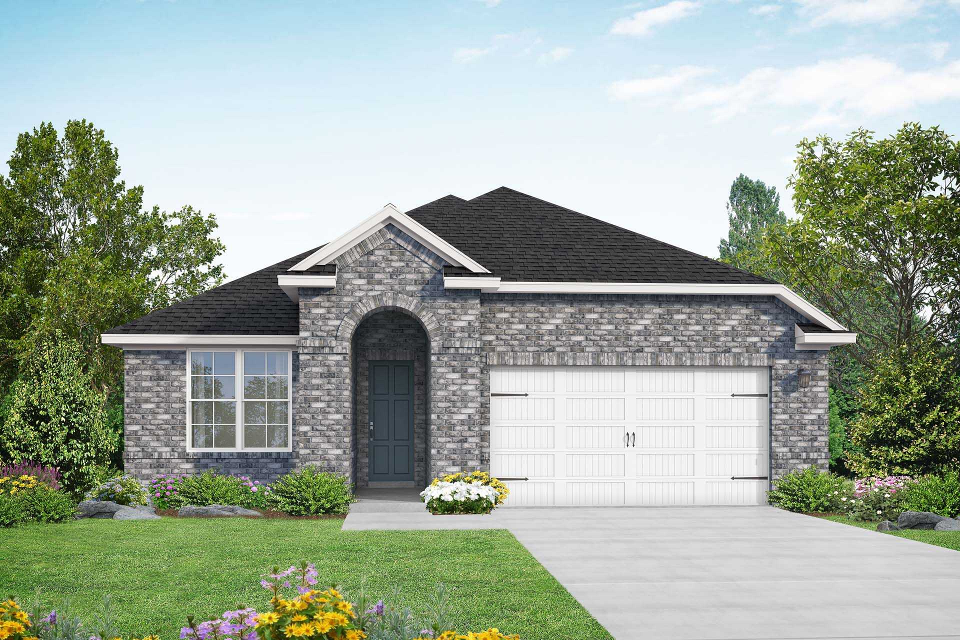 Stylish single-story brick elevation of The Acadia A by Davidson Homes featuring arched entry, 2-car garage, and lush landscaping