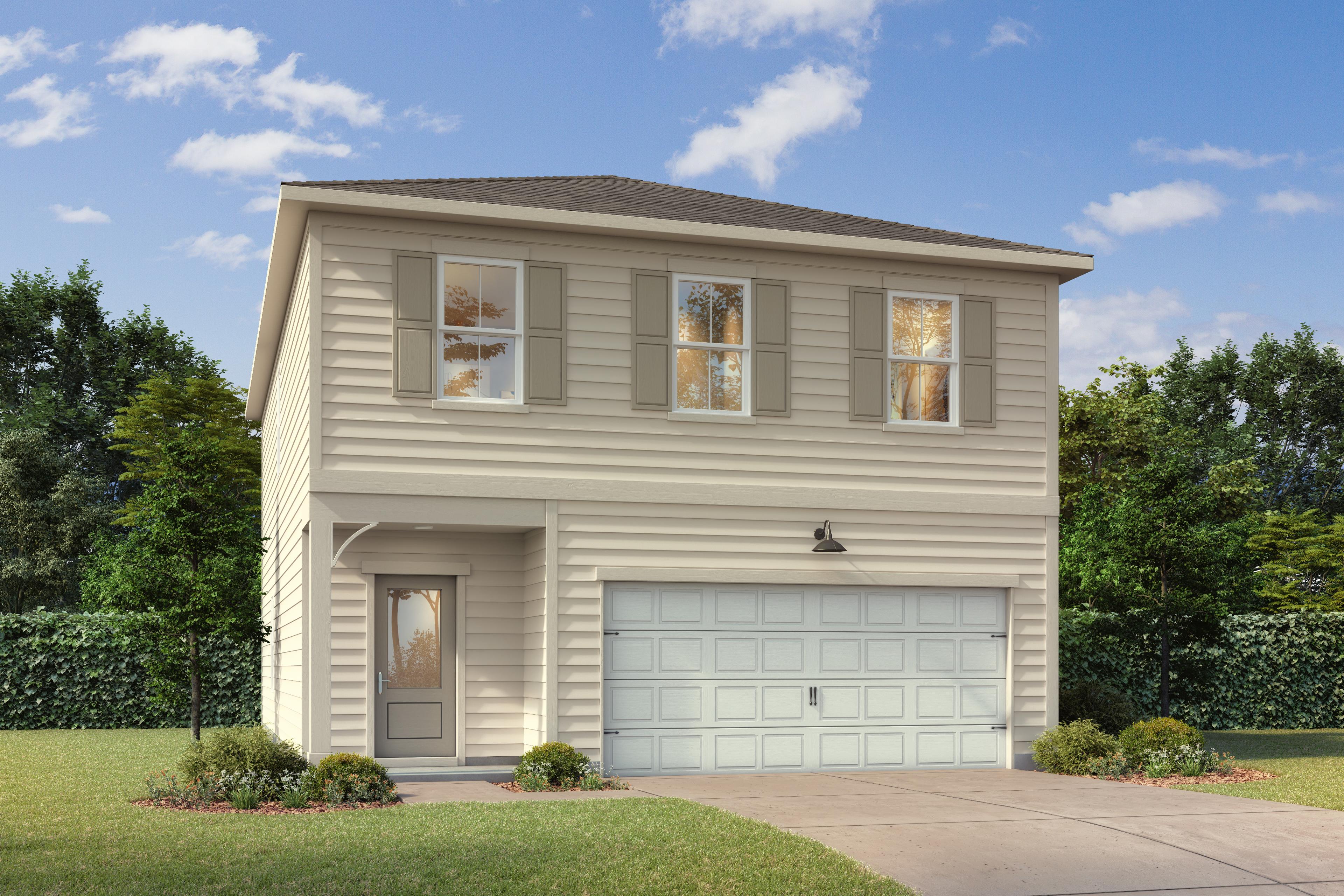 Front Exterior of home with 3 windows, front door and garage