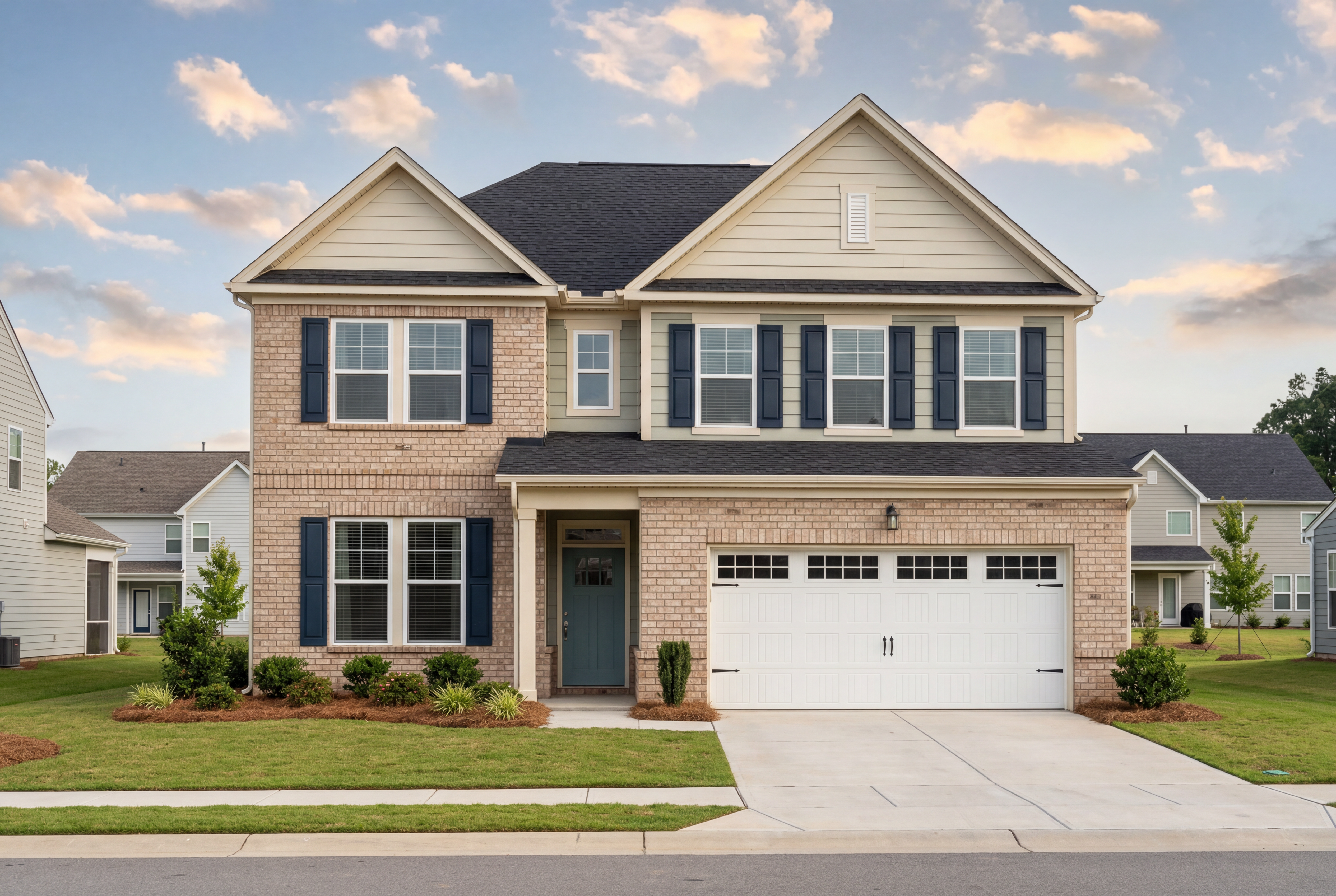 Two-story Willow C home elevation with brick accents, beige siding, black shutters, two-car garage, and front porch in Wendell NC