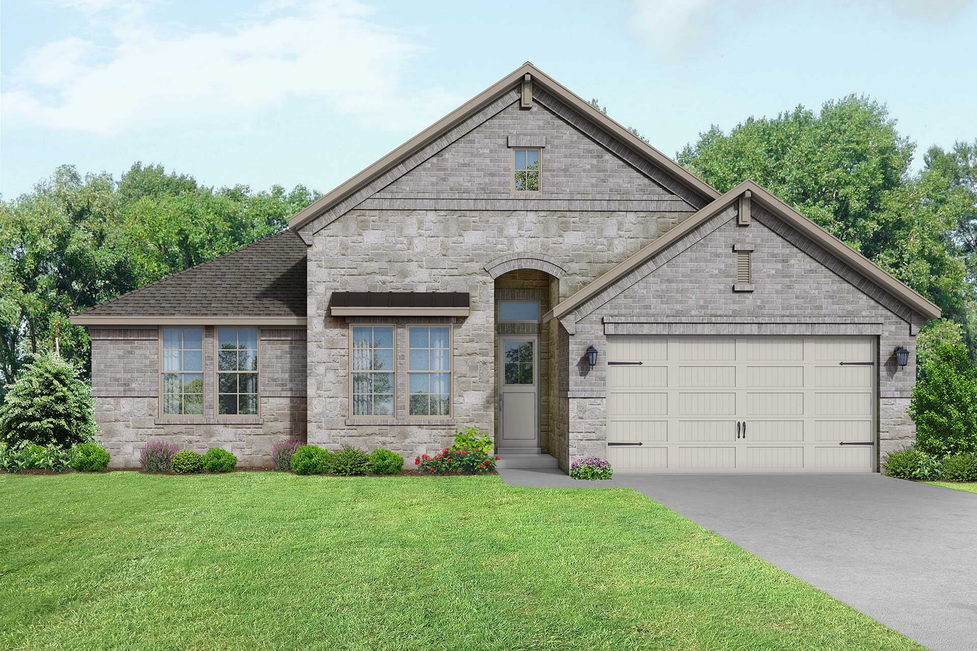 The Edward B single-story home exterior featuring stone facade, arched entry, 2-car garage, and landscaped yard in Rosharon, TX