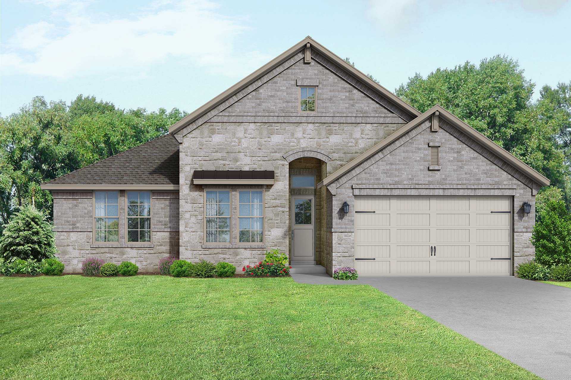 The Edward B single-story home exterior featuring stone facade, arched entry, 2-car garage, and landscaped yard in Rosharon, TX