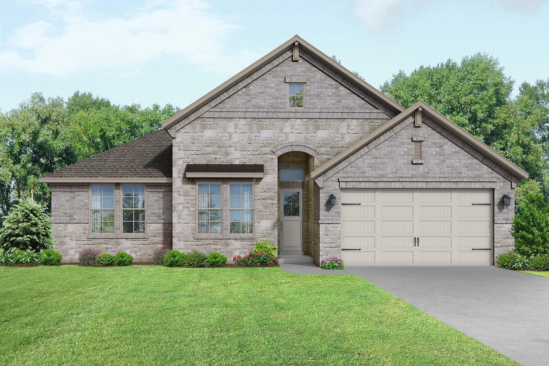 The Edward B single-story home exterior featuring stone facade, arched entry, 2-car garage, and landscaped yard in Rosharon, TX