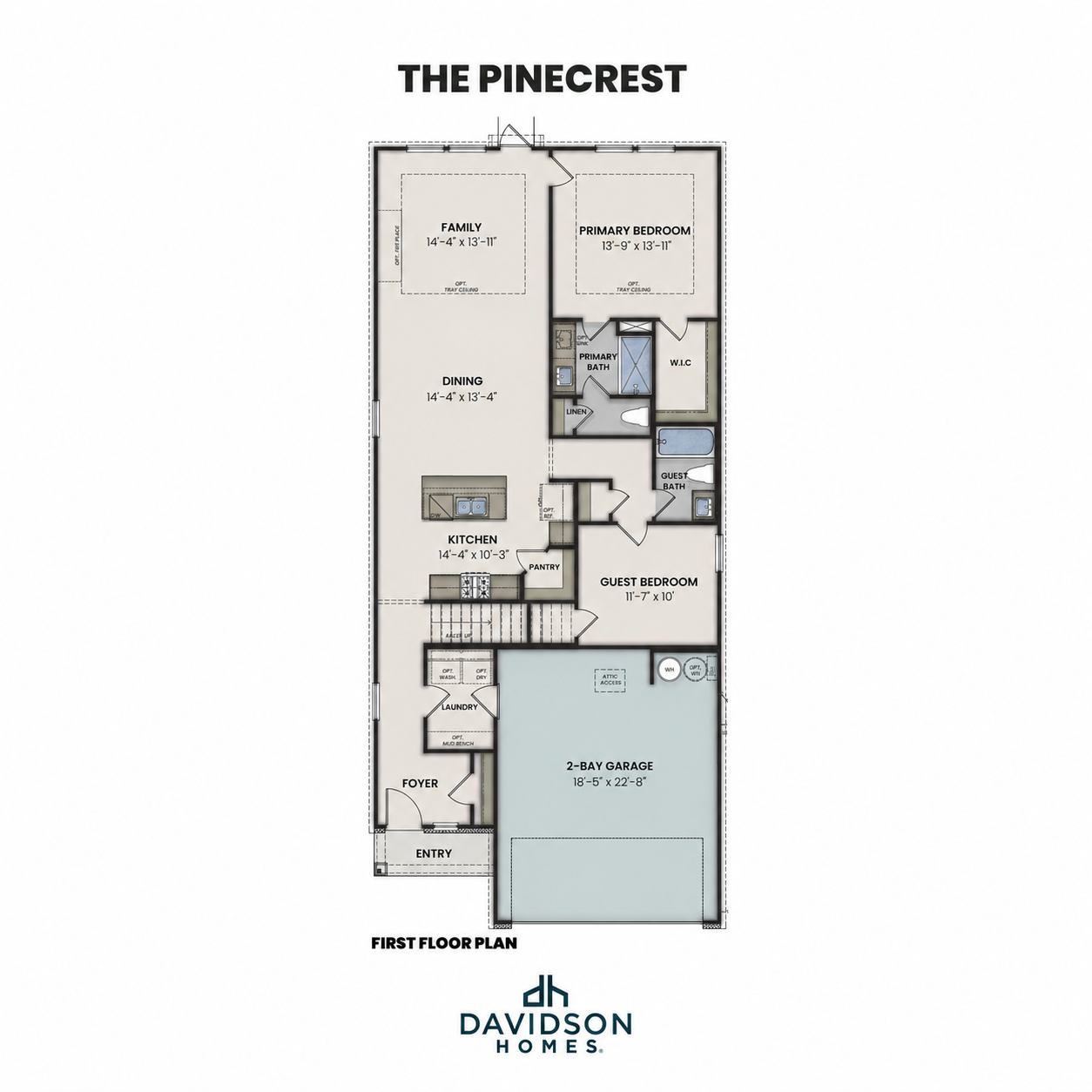 First floor layout of The Pinecrest by Davidson Homes featuring a main level master suite and 2-car garage.
