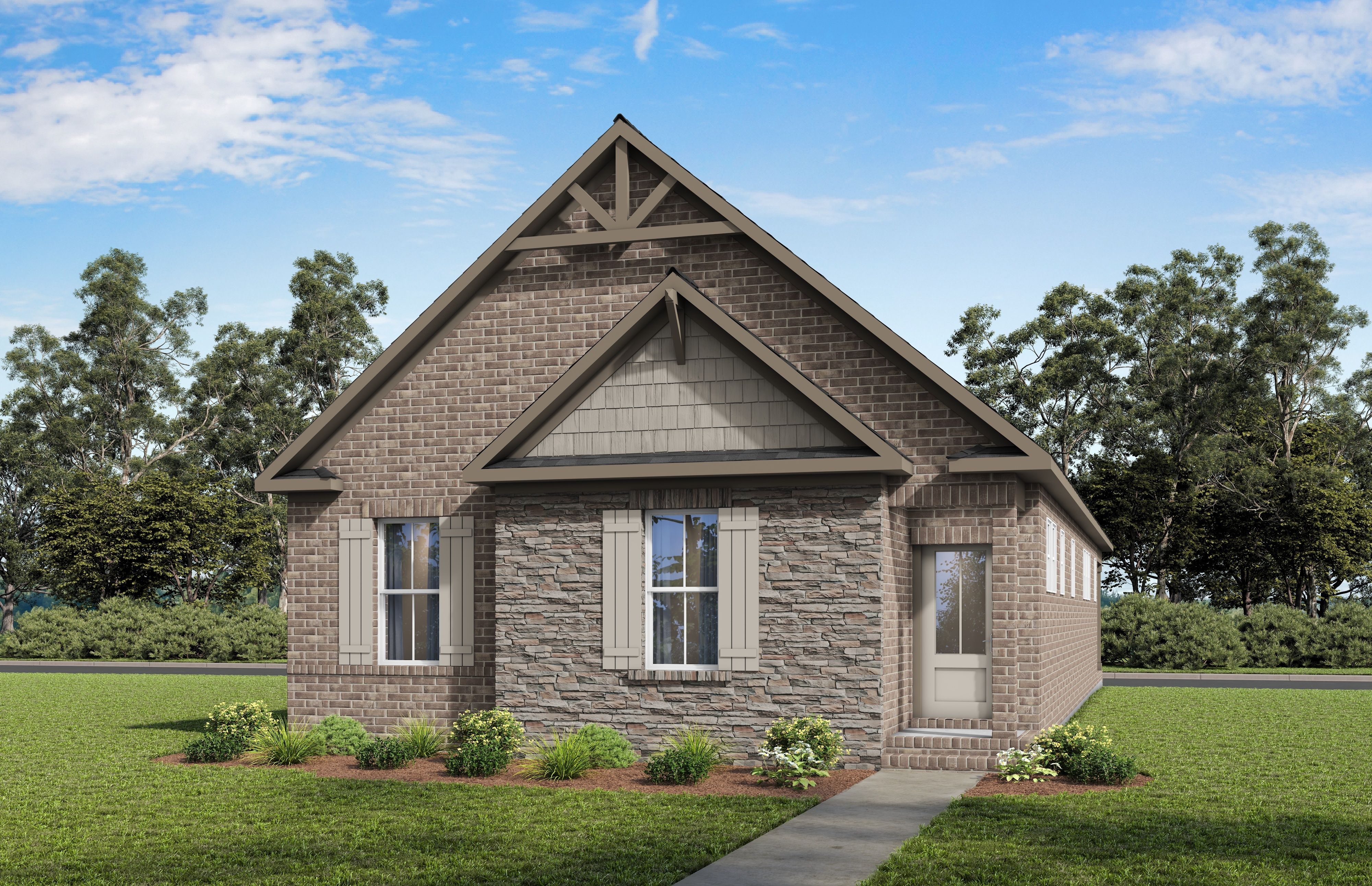 Brick and stone exterior elevation of The Elkmont, a 3-bed single-story home by Davidson Homes in Mt. Juliet, TN