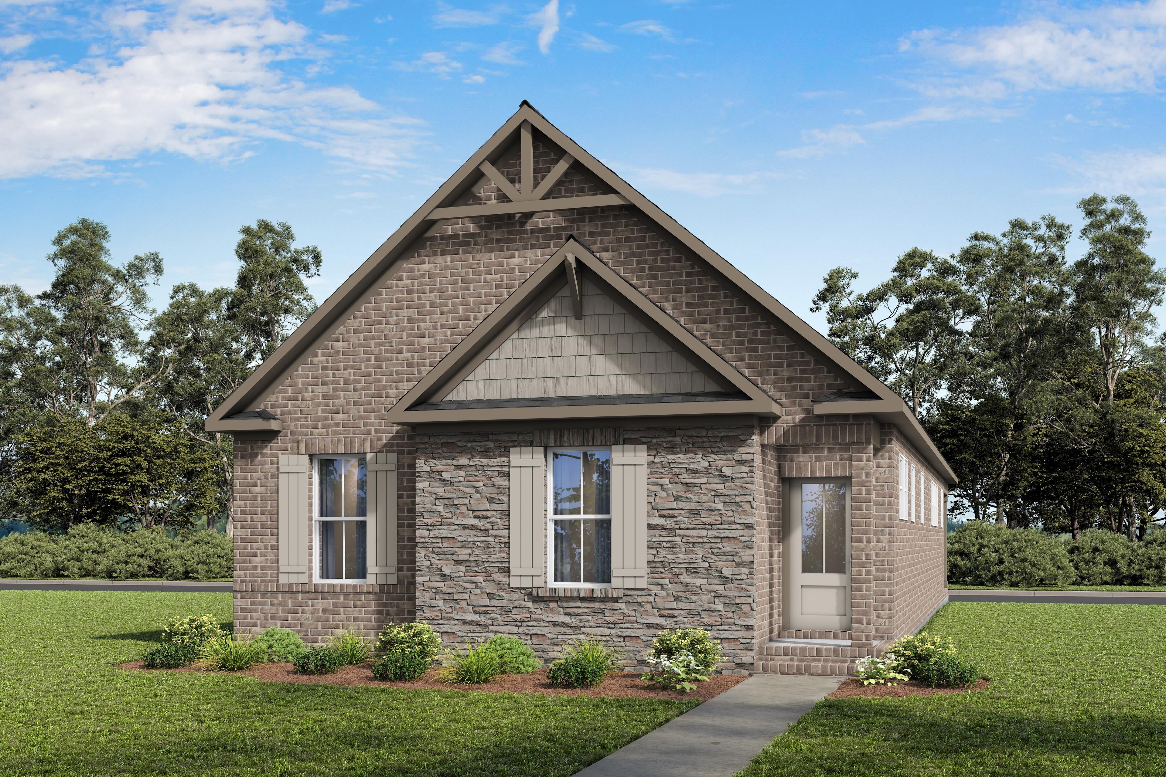 Brick and stone exterior elevation of The Elkmont, a 3-bed single-story home by Davidson Homes in Mt. Juliet, TN