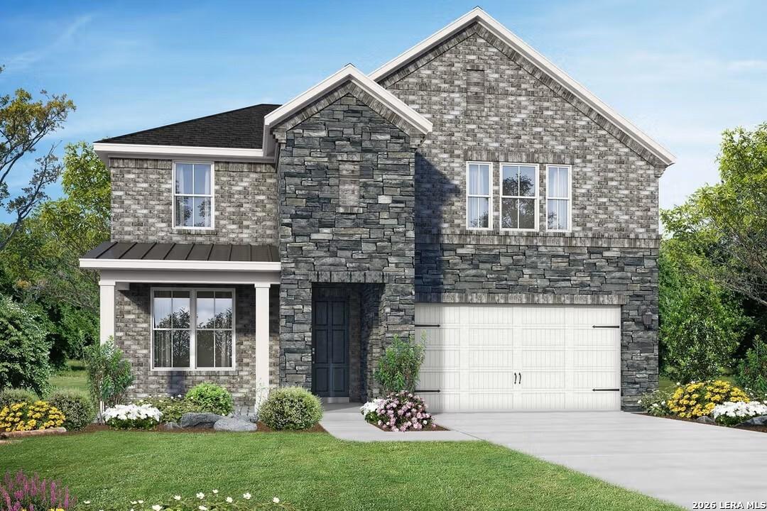 Modern two-story stone and brick home with 2-car garage, front porch, and lush landscaping in Horizon Pointe, Converse, Texas - Davidson Homes Sequoia C