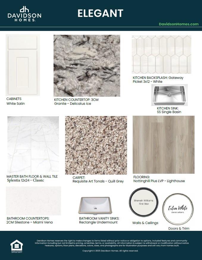 Interior material swatches: white satin cabinets, quartz countertops, gateway white backsplash, LVP flooring for Davidson Homes San Marcos E, Conroe TX