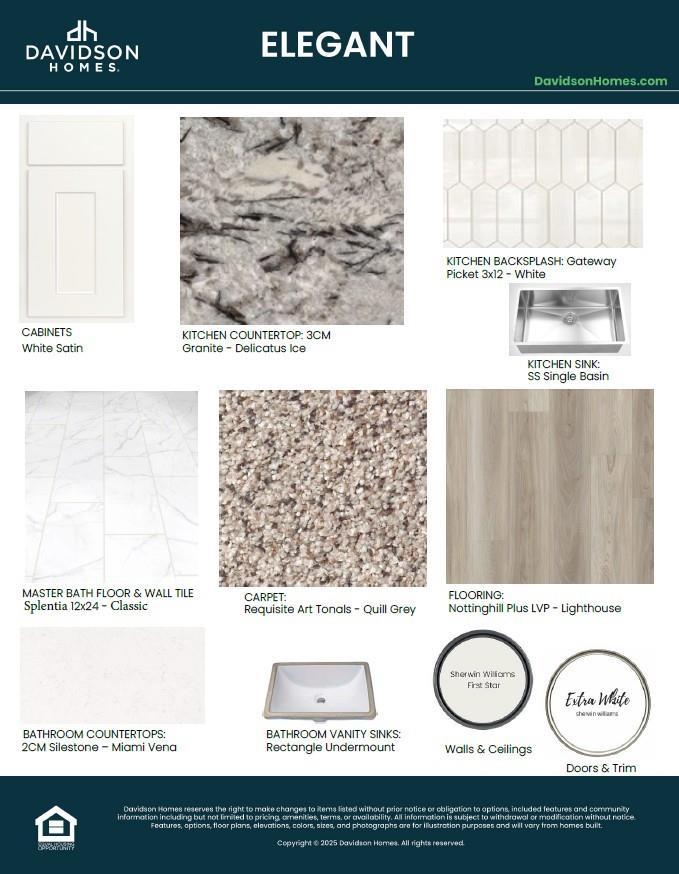 Interior material swatches: white satin cabinets, quartz countertops, gateway white backsplash, LVP flooring for Davidson Homes San Marcos E, Conroe TX