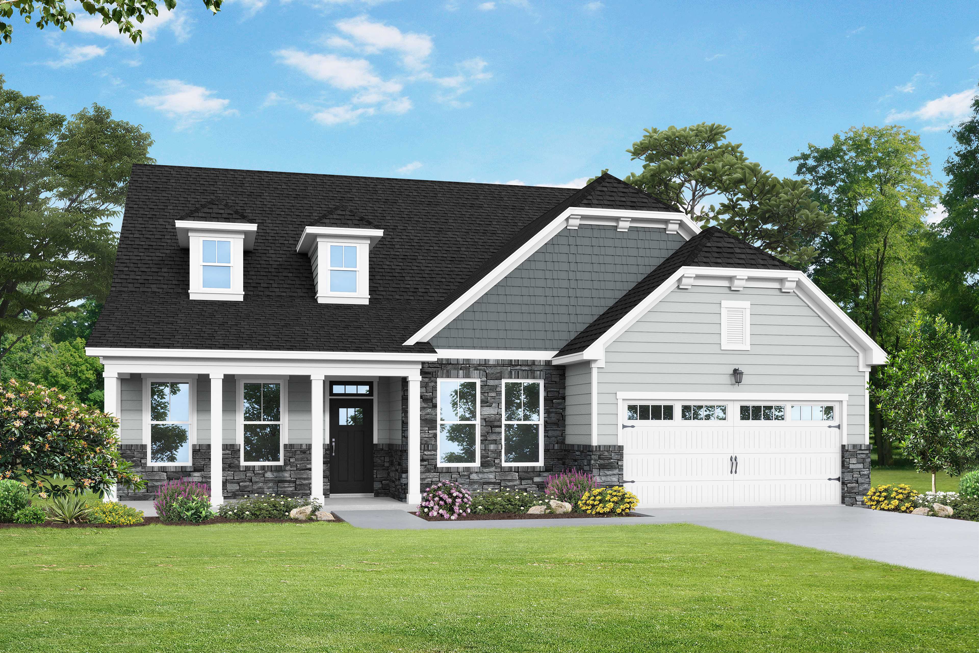 Modern single-story Magnolia B home elevation with gray siding, stone accents, covered porch, 2-car garage, and lush landscaping in Wendell NC