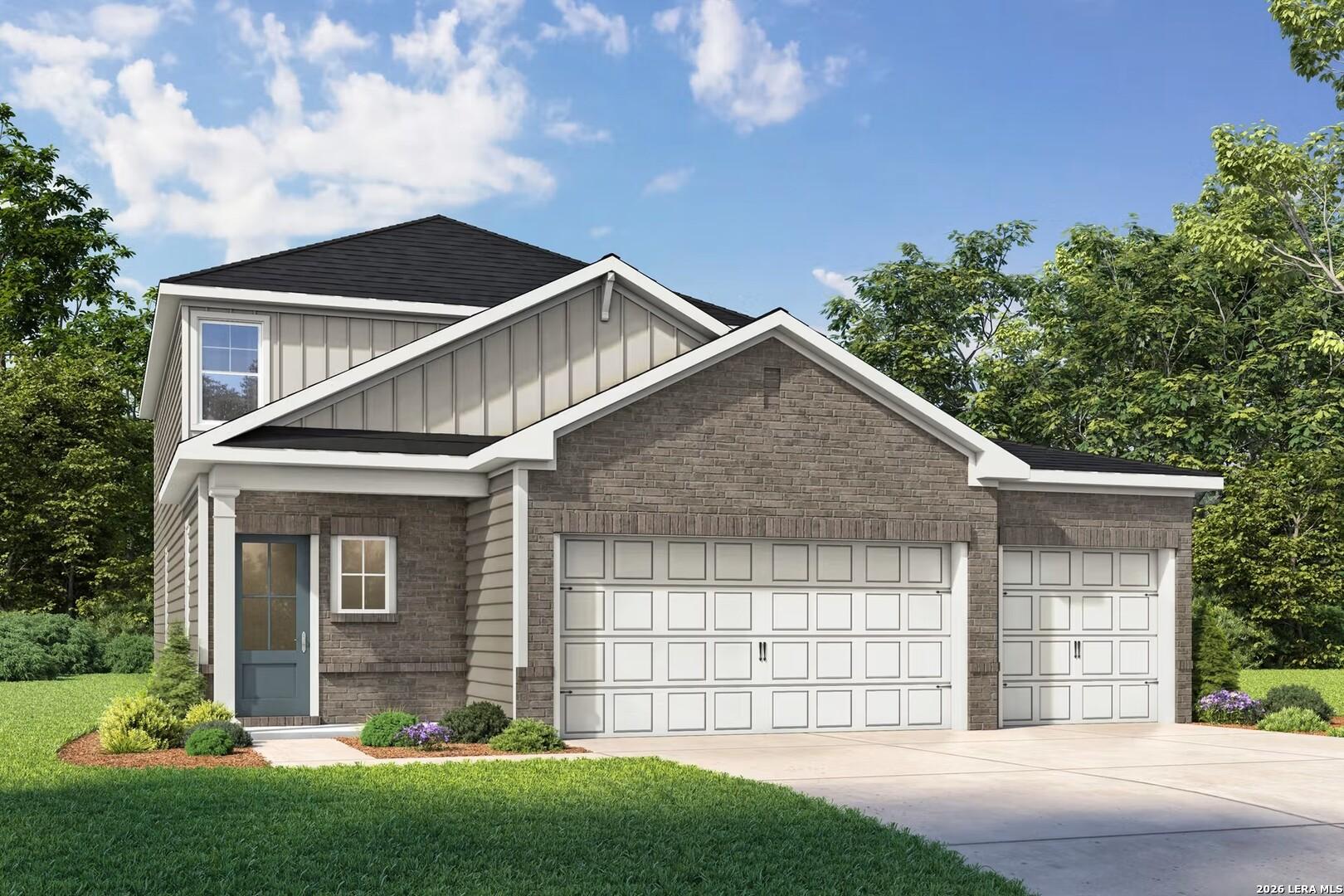 2-story Pinecrest F floor plan by Davidson Homes with brick exterior and 3-car garage in Morgan Meadows, San Antonio, Texas.