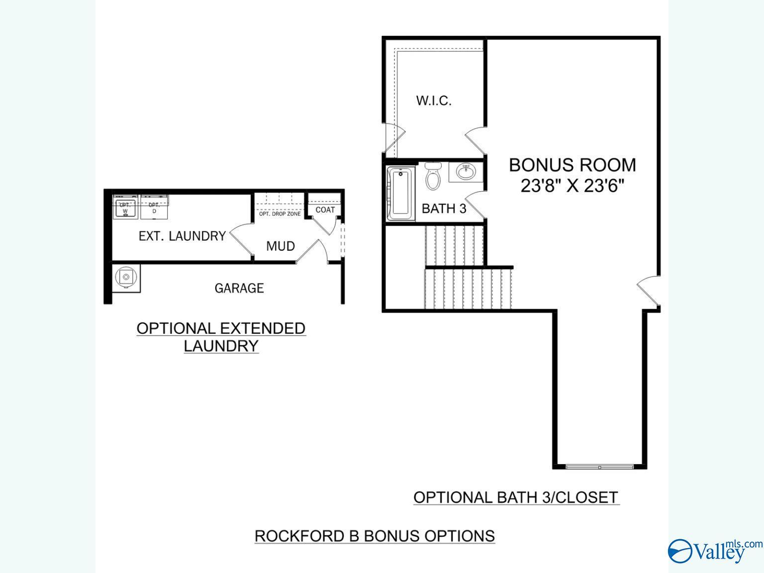 Rockford B floor plan featuring 23x23 bonus room, 2-car garage, optional extended laundry, Bath 3 in Madison, Alabama home