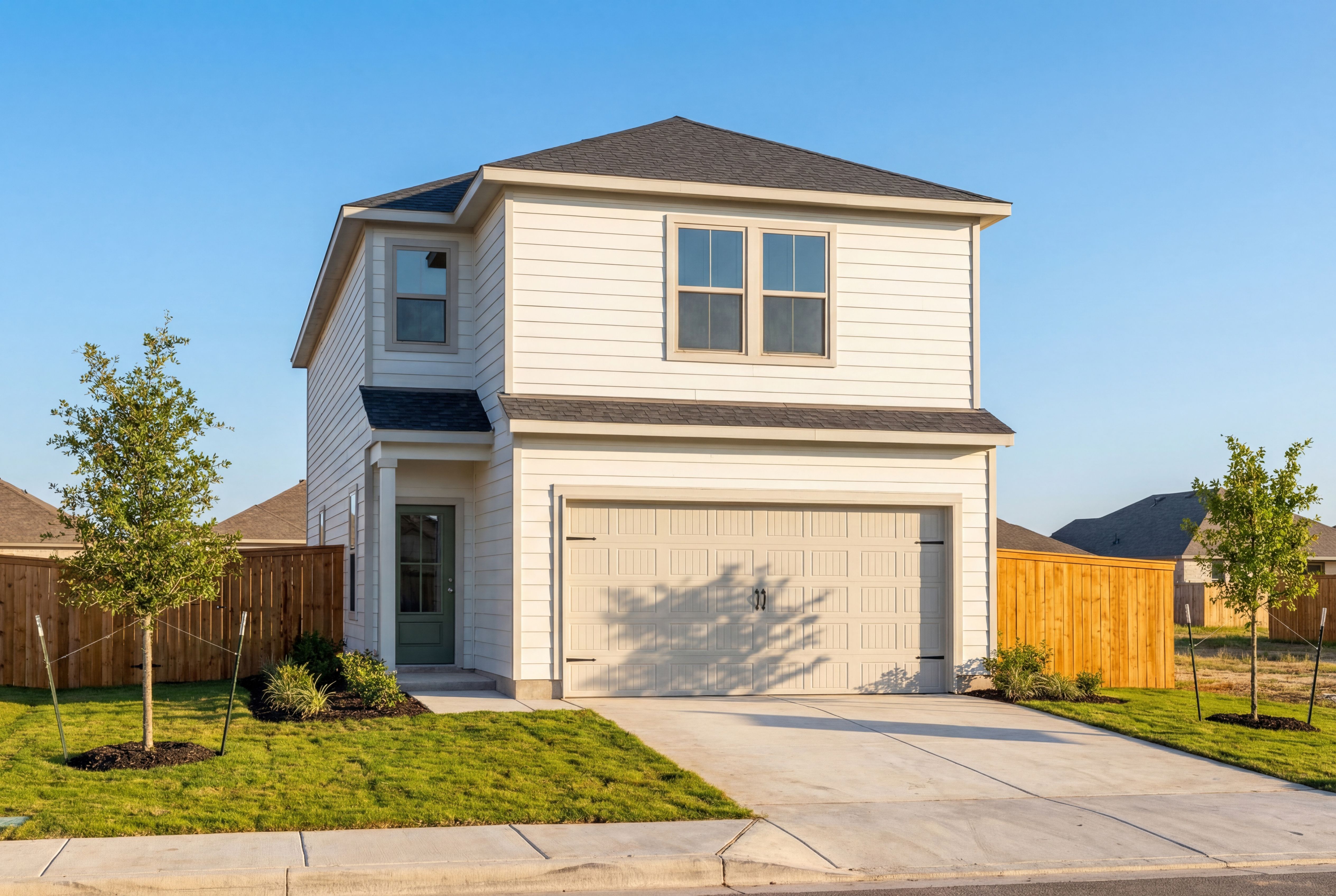 Modern two-story Florence A home elevation with beige siding, dark roof, two-car garage, and fenced landscaped yard in San Antonio