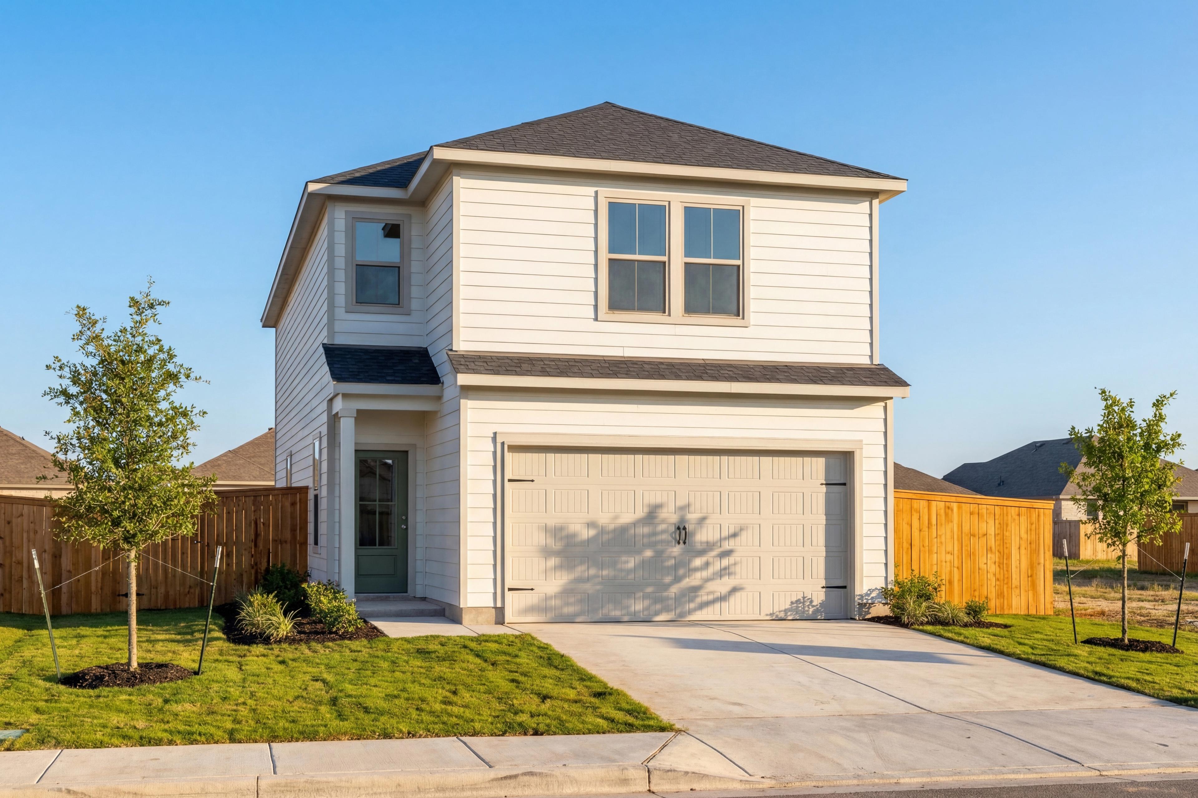 Modern two-story Florence A home elevation with beige siding, dark roof, two-car garage, and fenced landscaped yard in San Antonio