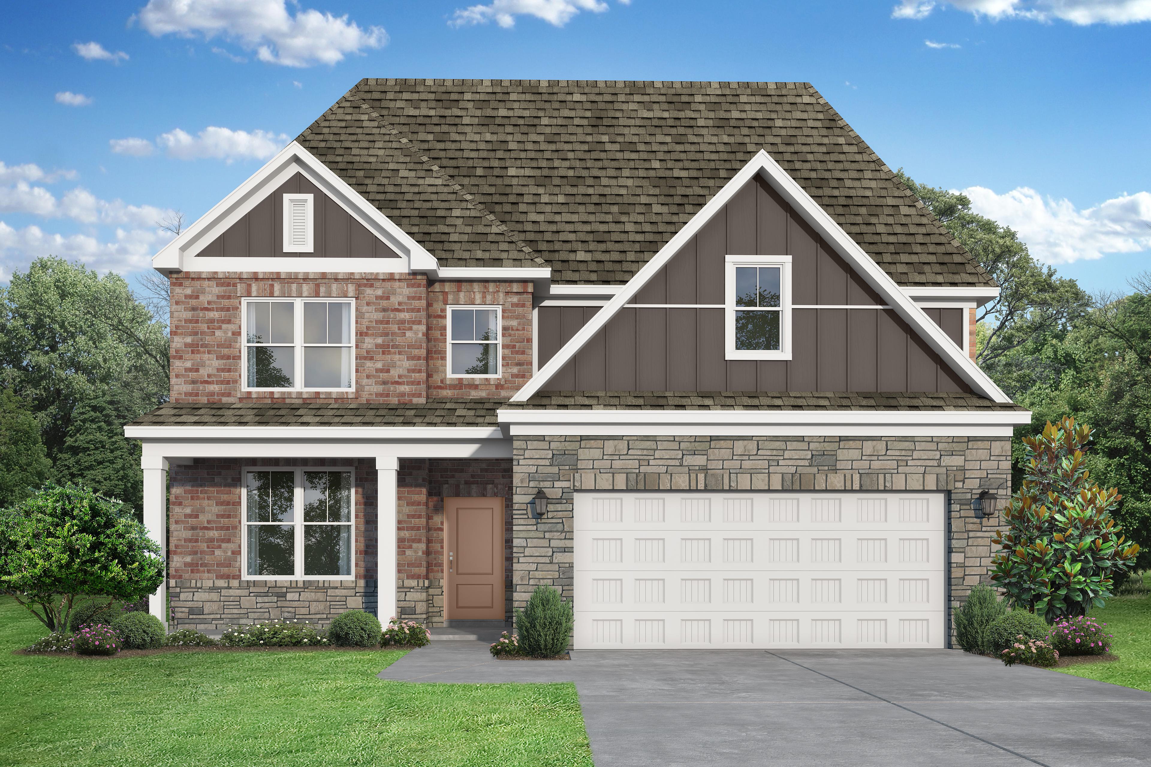Two-story brick and siding exterior of The Ash O home design with 2-car garage, front porch, and landscaped yard in Royse City
