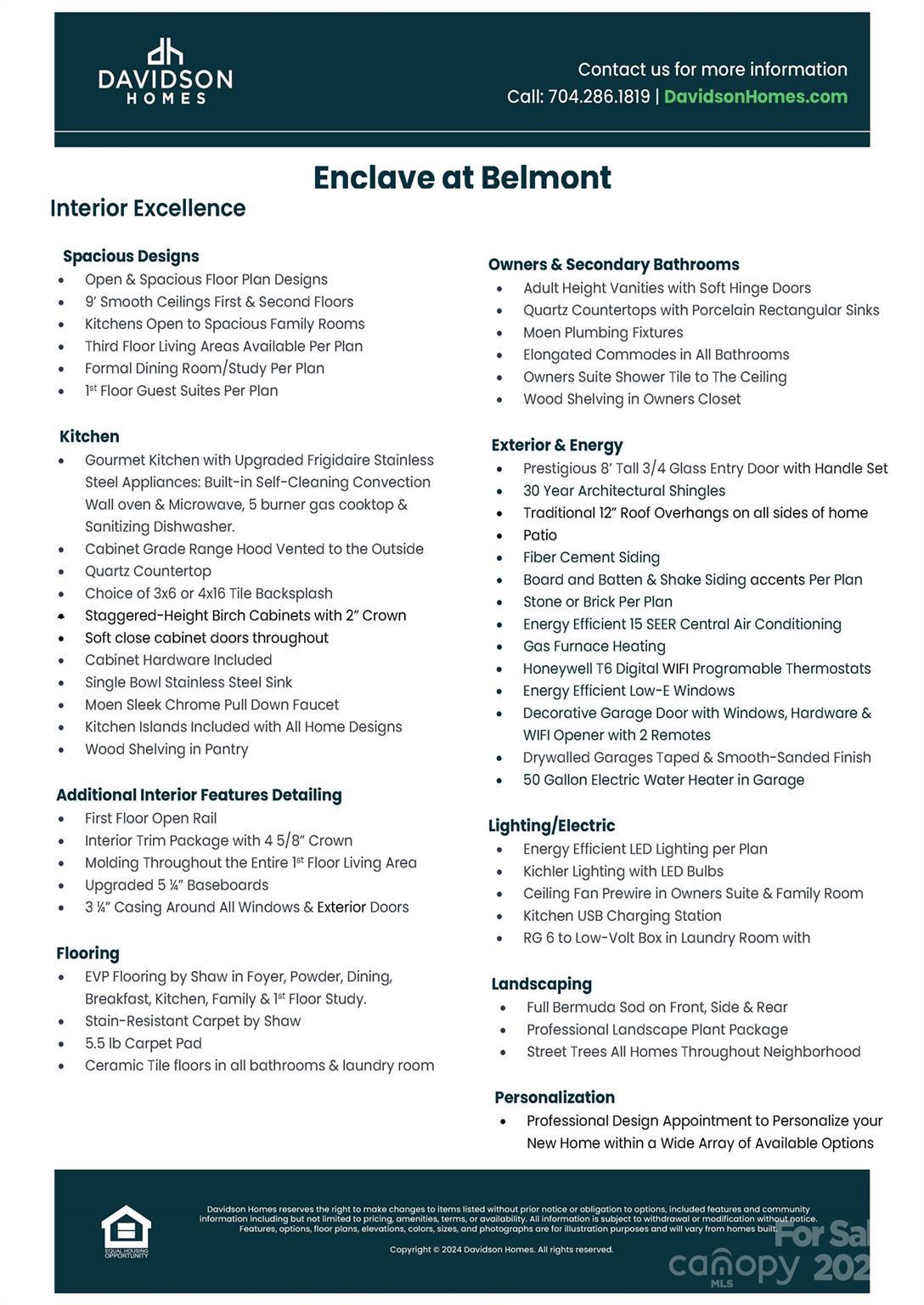 Davidson Homes Enclave at Belmont brochure showcasing Hemlock A floor plan interior features, quartz counters, and kitchen upgrades in Belmont, NC