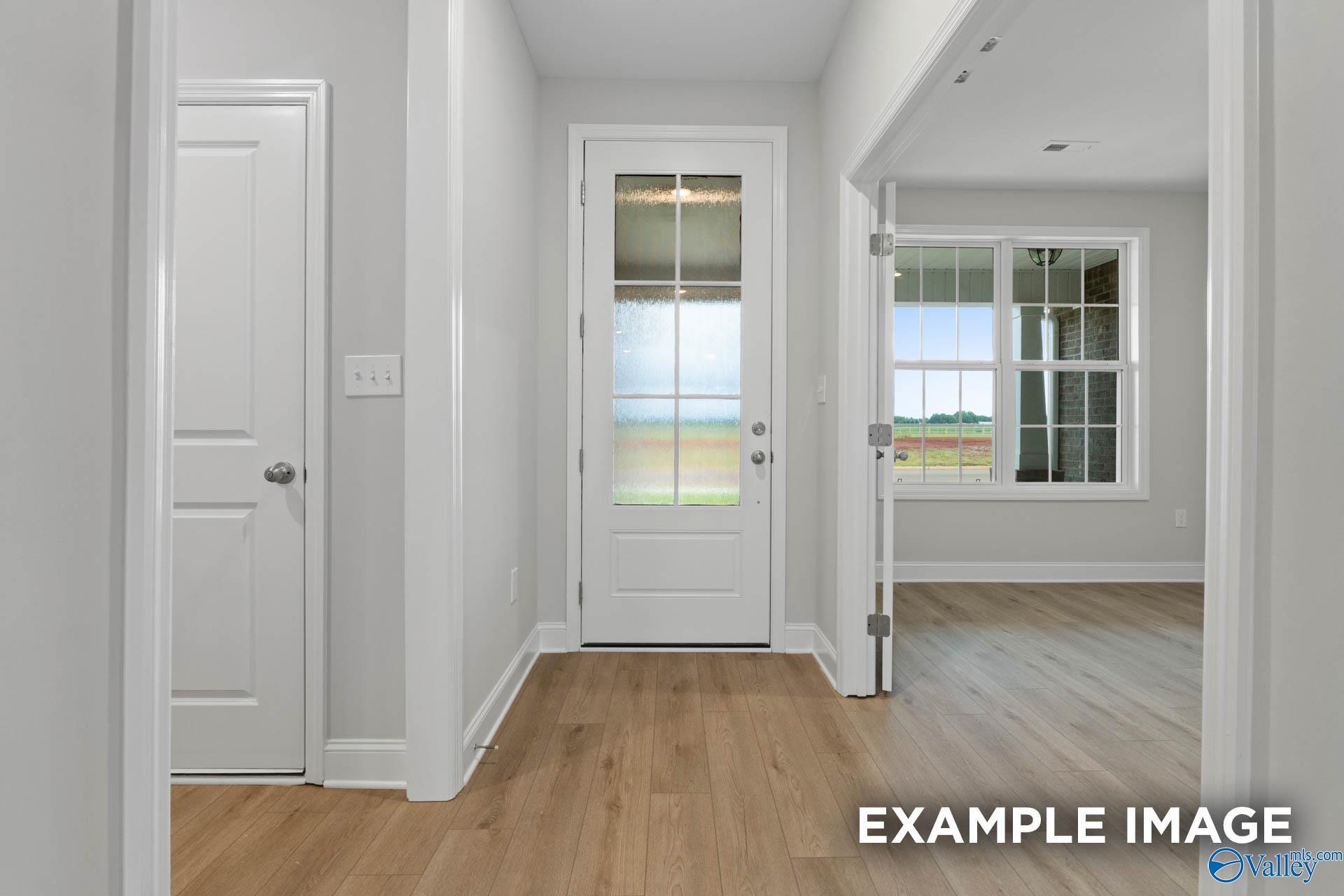 Welcoming entry foyer with frosted glass front door, hardwood floors, and open hallway in Davidson Homes The Rockford B, Toney, Alabama