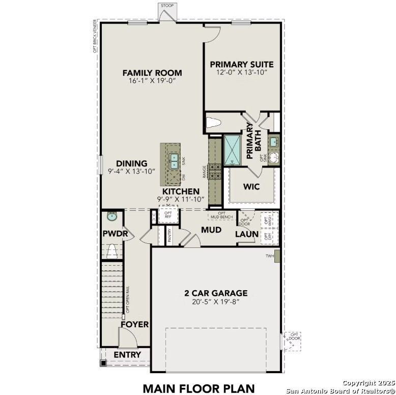 The Brazos C main floor plan: open family room, kitchen, dining, primary suite, 2-car garage in Applewhite Meadows, San Antonio