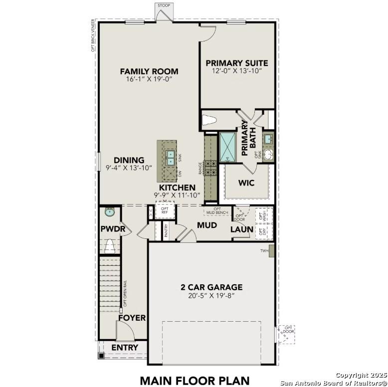 Main floor plan of The Brazos C: family room, kitchen, primary suite, dining, 2-car garage in 5-bed Davidson Homes, San Antonio