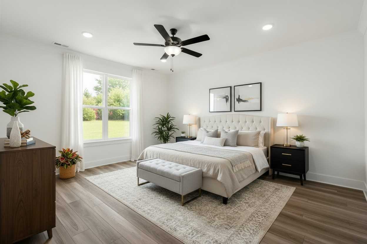 Elegant master bedroom with tufted king bed, ceiling fan, hardwood floors, and garden views in The Hathaway, Murfreesboro, TN