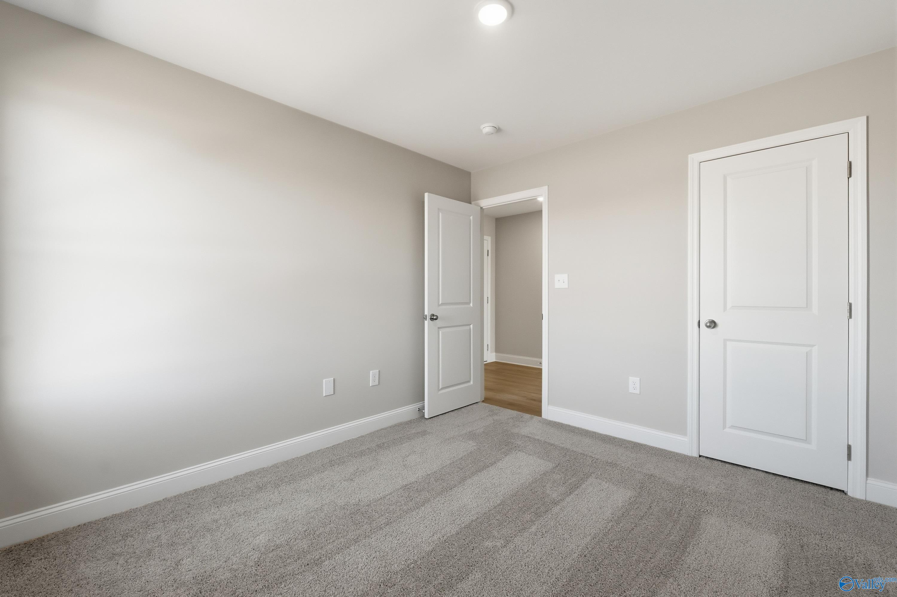 Cozy secondary bedroom with beige walls, white doors, and plush carpet in Davidson Homes The Butler, New Market, Alabama