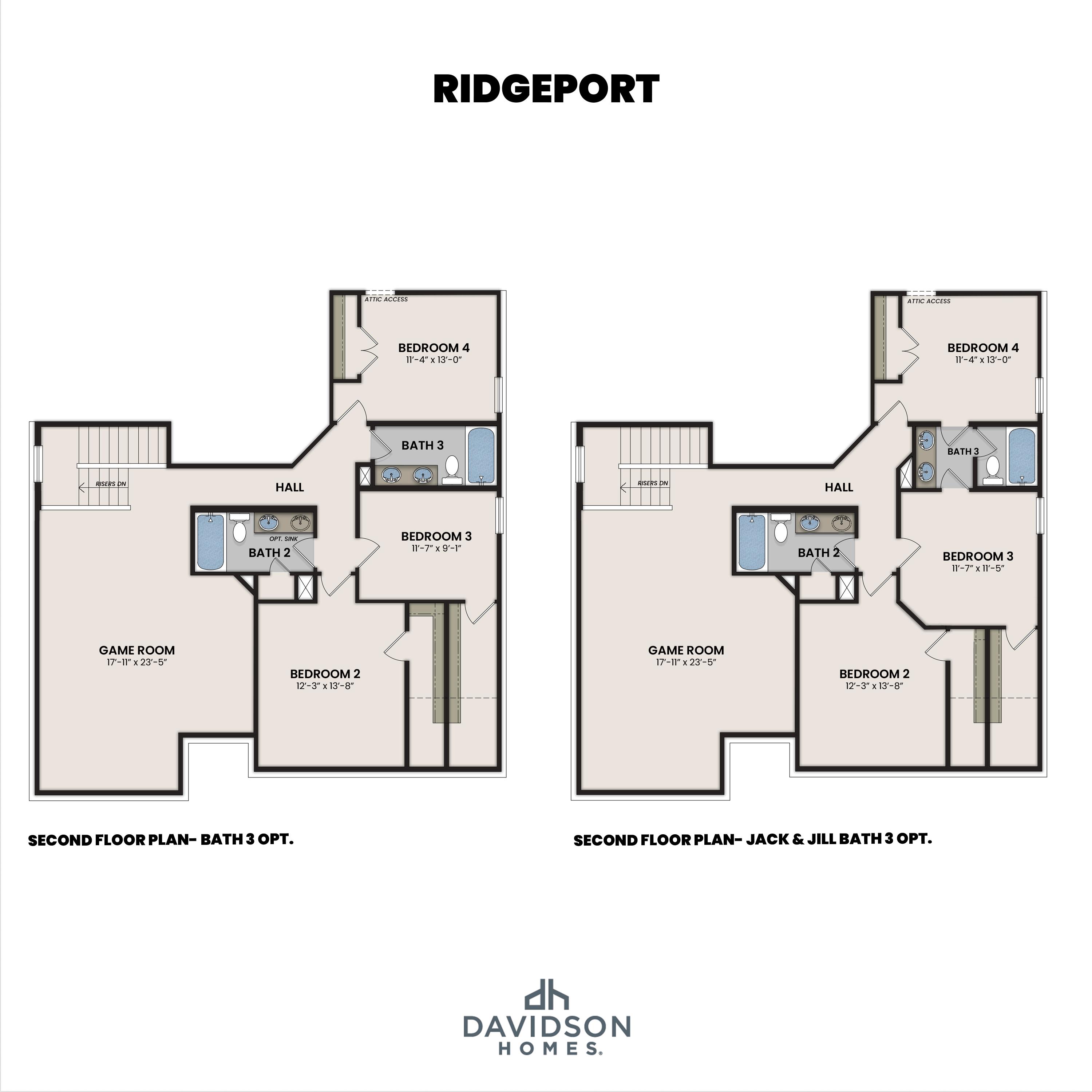 Second floor layout of the Ridgeport by Davidson Homes showing 3 bedrooms, game room, and Bath 3 options in Mt. Juliet, TN