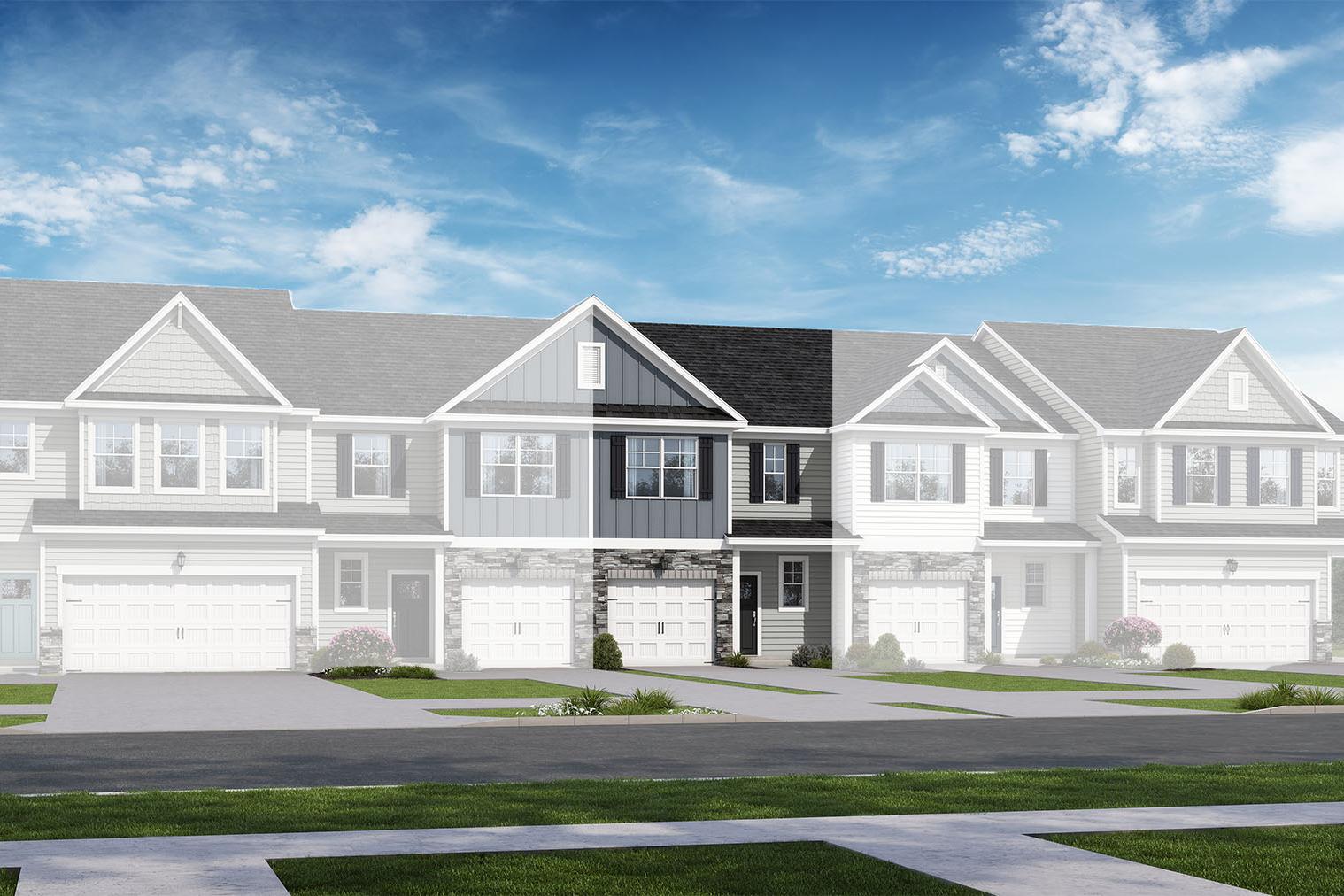 Modern multi-family townhome elevation of The Warren by Davidson Homes, 2-story units with garages and siding in Lillington NC